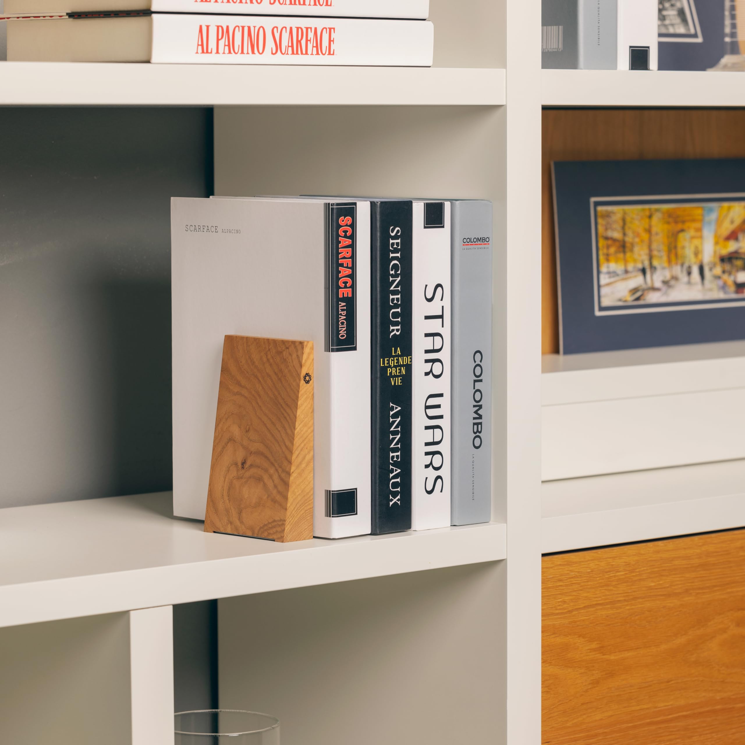 TILISMA Fermalibri per scaffali, fatti a mano, in legno, con base in metallo, albero di quercia, robusti supporti per libri pesanti, accessori decorativi moderni per contenere libri sulla libreria