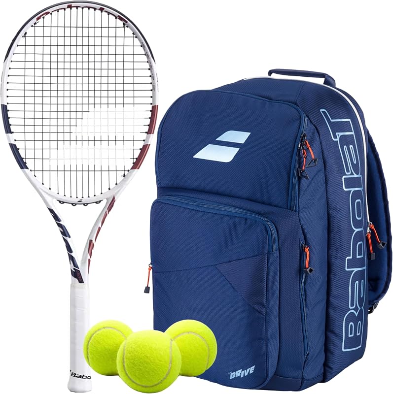 Raqueta de tenis Boost Drive Strung (blanca) - Añade una bolsa opcional, pelotas de tenis y empuñaduras