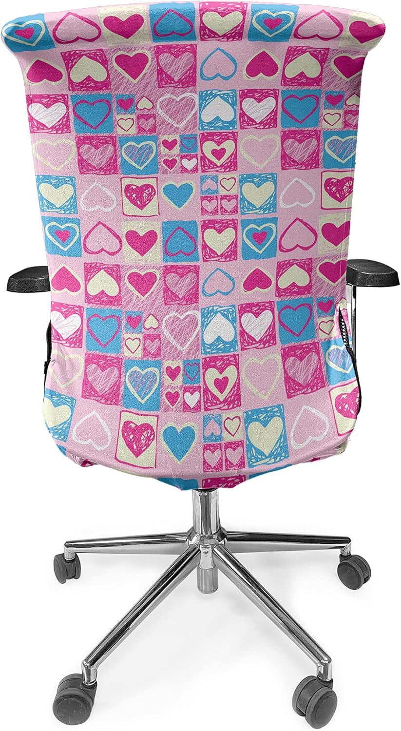 Ambesonne Love Office Chair Cover, Doodle Sketchy Hearts in Squares Romance Girls Design, Stretchable Decorative Universal Size High Back Printed Slipcover, Cream Pink
