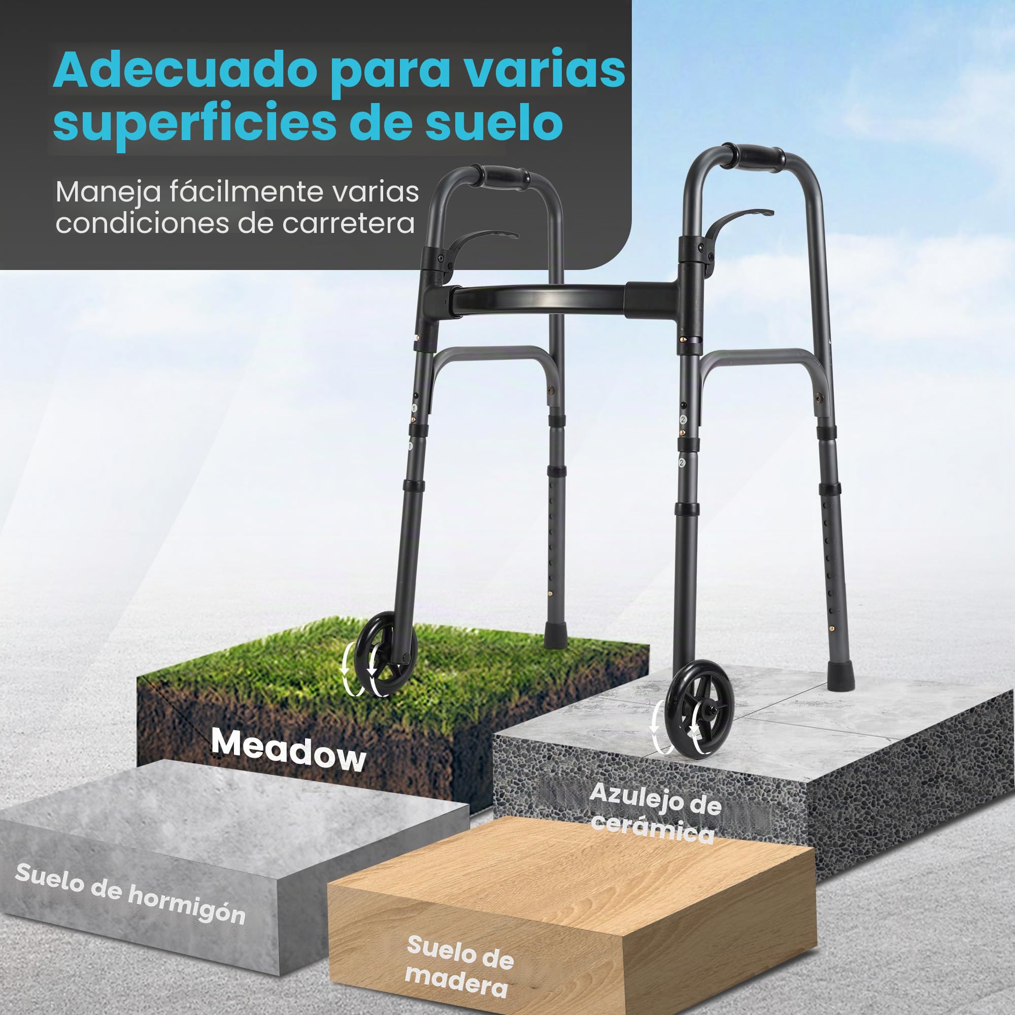 Careboda Andador para personas mayores, marco médico plegable y portátil con ruedas fijas de 12,7 cm, altura ajustable y función de disparador, ideal para adultos