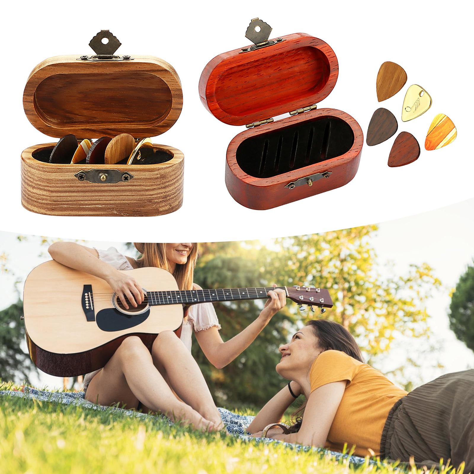 Caja de almacenamiento de madera para púas de guitarra, portátil, con 5 púas de guitarra para guitarristas