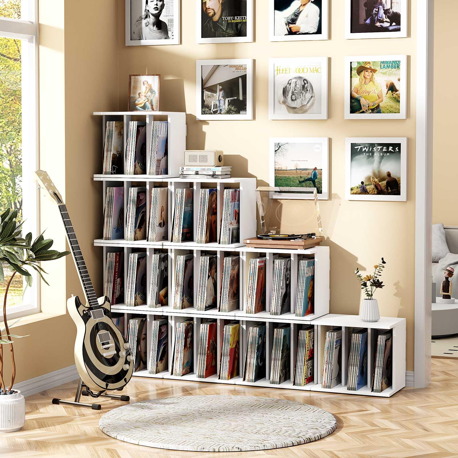 Aufbewahrungsständer für Vinyl-Plattendreher, mit Vinylablage, Wandregal für bis zu 100 Alben, 3 Fächer, Vinyl-Schrank, für Wohnzimmer, Büro, Dekoration (Vintage weiß)