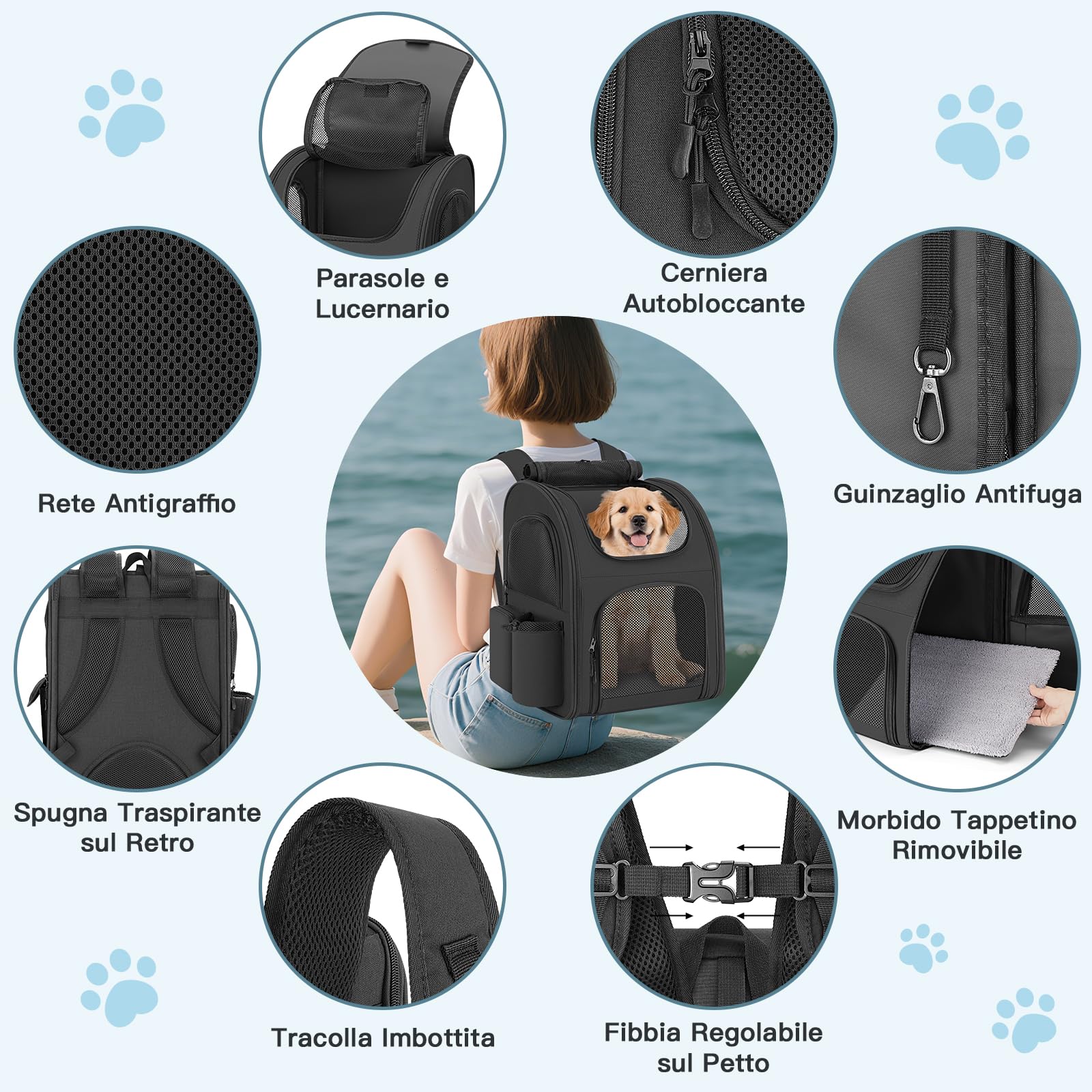 Zaino per Cani Gatti, Grande Zaino Gatto Cane 10 kg, Traspirante Zaino Porta Cane Gatto con Finestra a Rete, Zaino Trasportino Cani Gatto con Guinzaglio Interno e Tappetino per Viaggi - Nero
