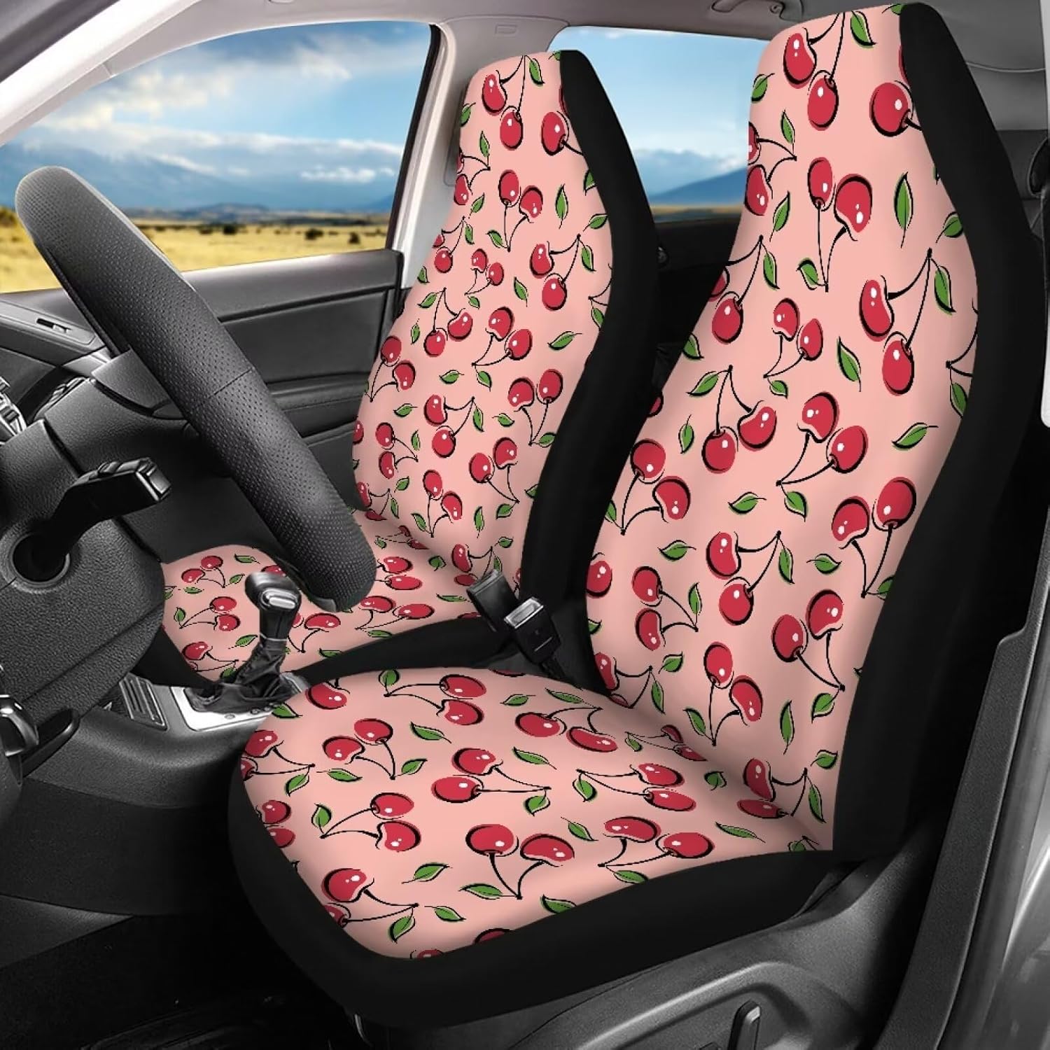Cherry Print Car Front Rear Seat Cover Car Interior Accessories Full Set Car Seat Protector Anti-Dust Car Seat Protector Pink for Women Ladies