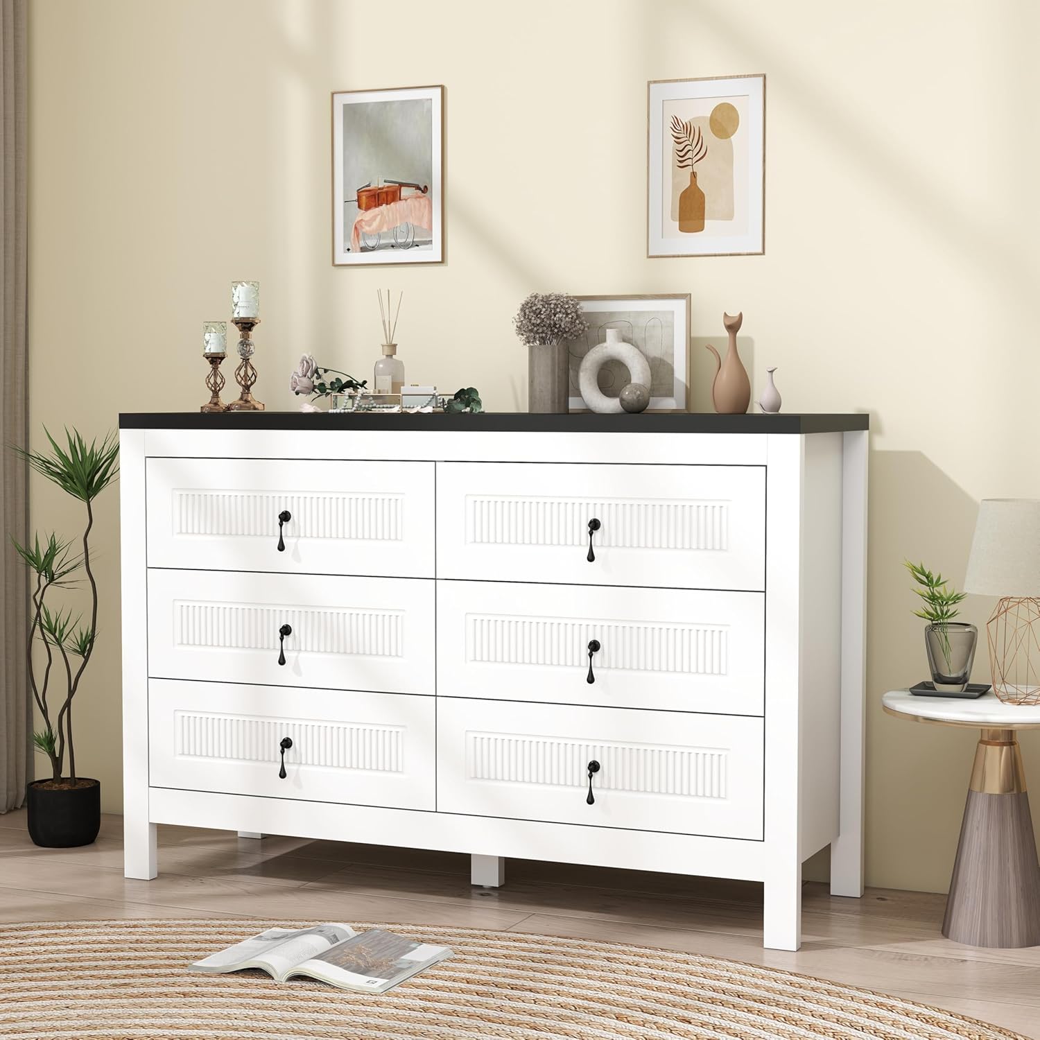 White Dresser for Bedroom Drawers: 47" Wood Bedroom Dressers with 6 Drawers, Modern Chest of Drawer with Handles, Adult Dresser for Fluted Drawer (White)