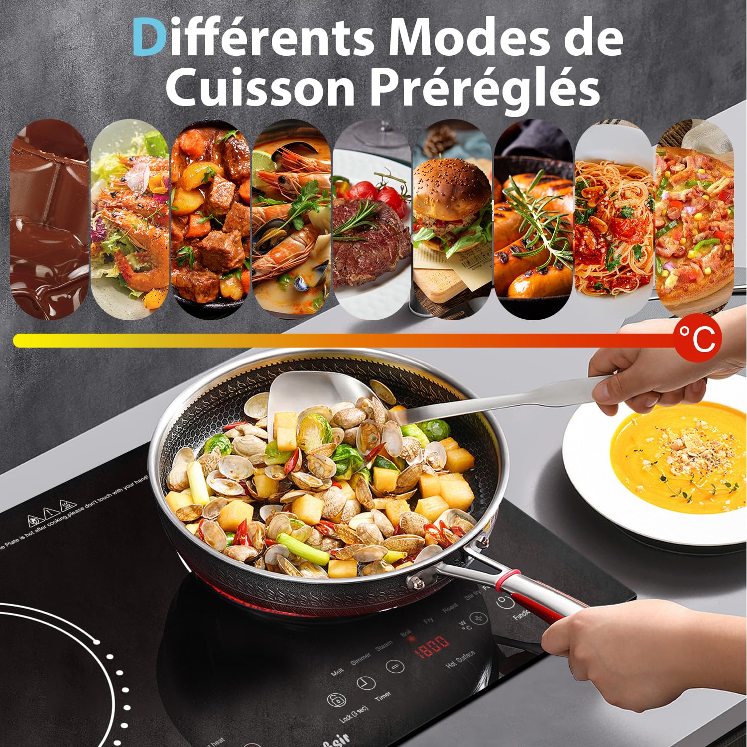 Plaque Vitrocéramique 2 Feux avec Prise | Portable et Encastrable, 3600W, 60cm, 650℃ Max, Sécurité Enfants, Minuterie 4 Heures, 9 Niveaux de Puissance, 220V