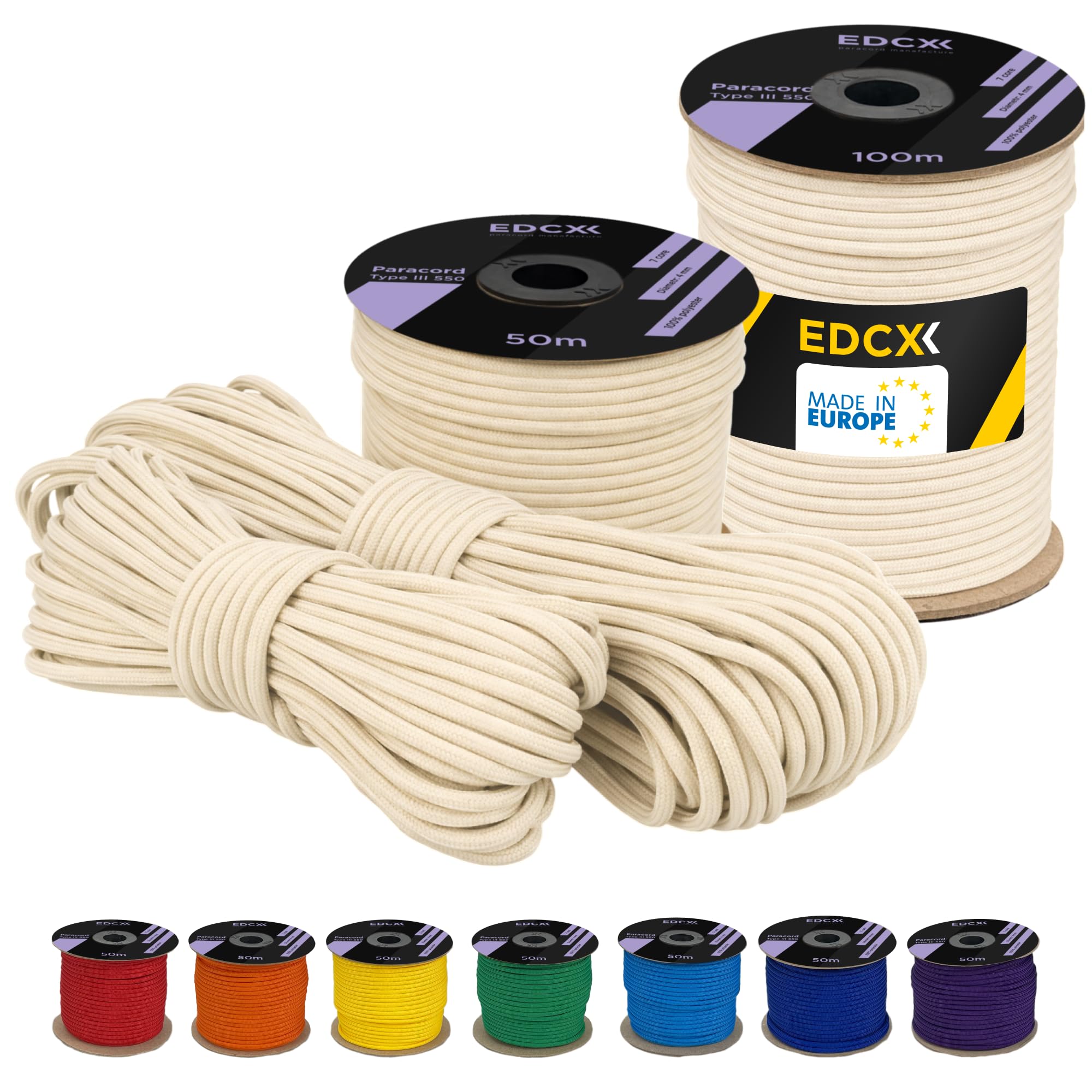 4 mm Poliestere Paracord 550 (15, 30 e 50 m) – 4 mm Tipo III, Cavo per Paracadute Resistente allo Strappo per la Sopravvivenza in 100% Poliestere con 7 Fili | Colori a Tinta Unita
