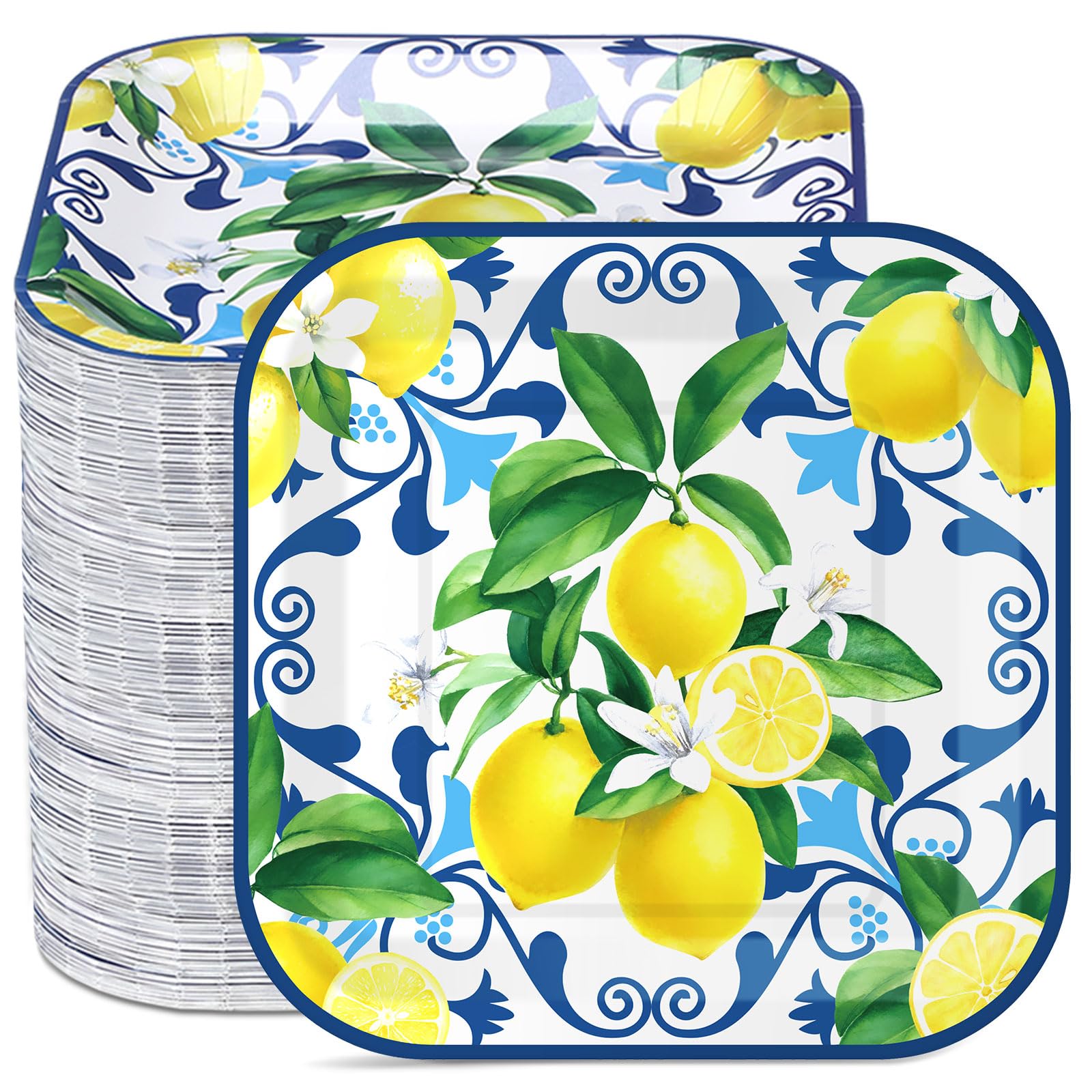 Yungyan 100 Pcs Capri Lemon Party Plates 7 Inch Yellow Lemon Paper Plates Citrus Fruit Disposable Decorative Tableware for Birthday Wedding Bridal Baby Shower Summer Party Decorations Supplies