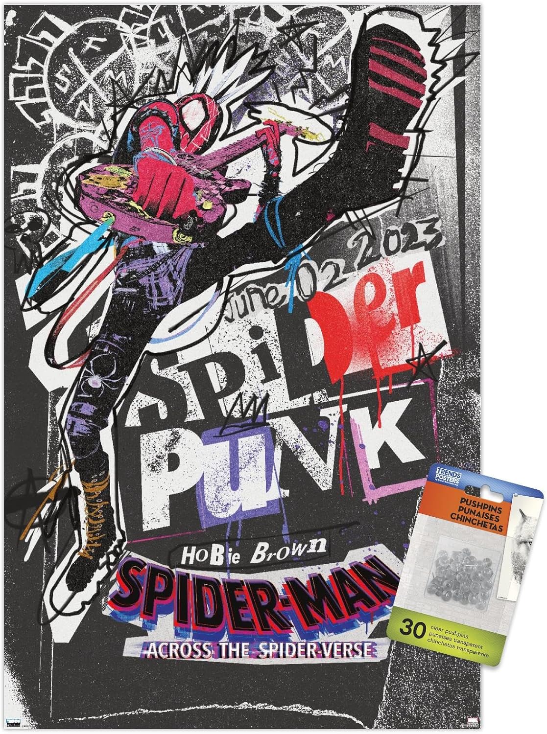 Trends International Marvel Spider-Man: Across The Spider-Verse - Spider-Punk One Sheet Wall Poster, 22.37" x 34.00", Poster & Push Pin Bundle
