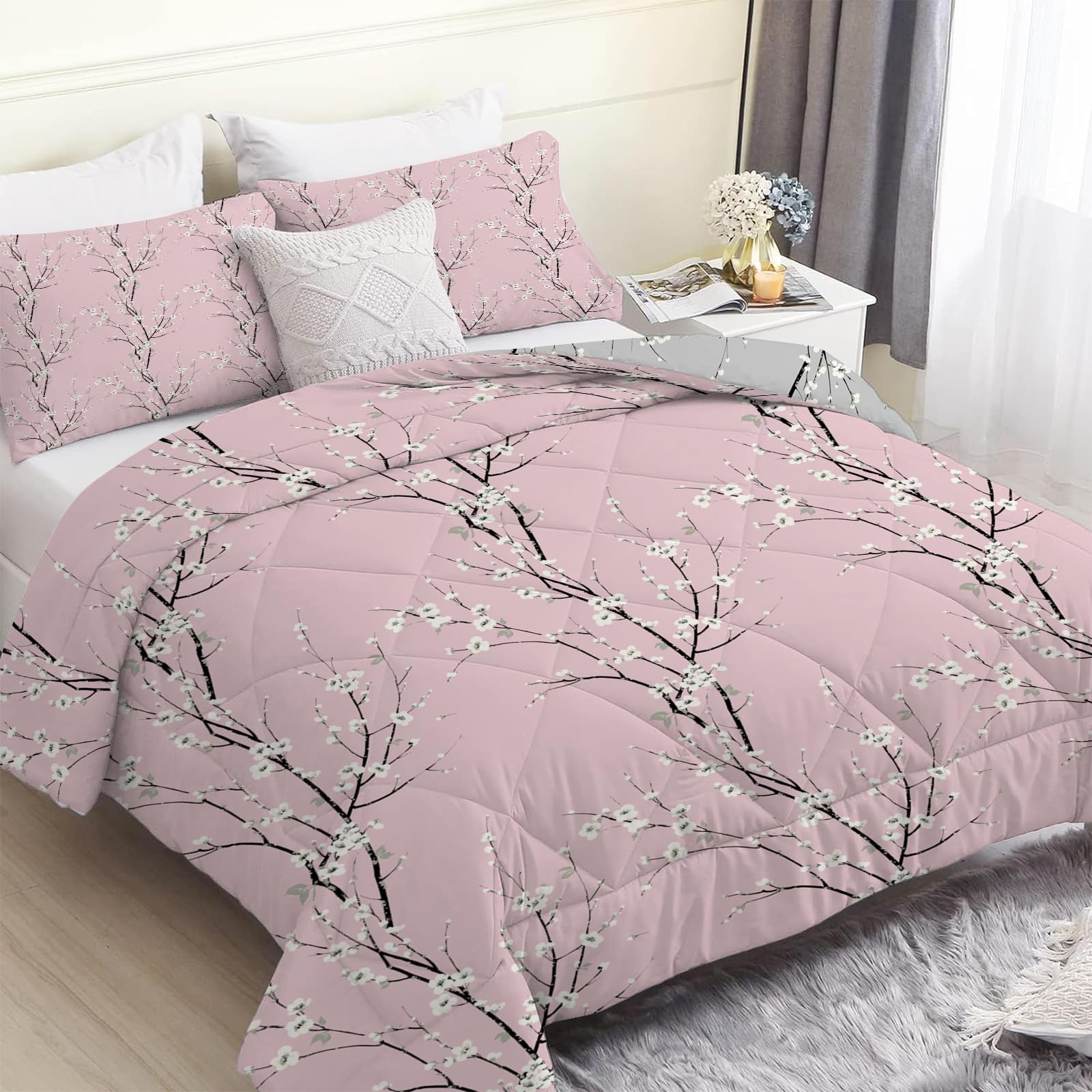 Fleur Prunier Rose Couette Imprimée 4 Saisons 220x240 cm pour Lit 2 Personnes, Branches Grises Edredon Legere, Réversible Couette sans Houss et 2 Taies d'oreiller 65x65 cm