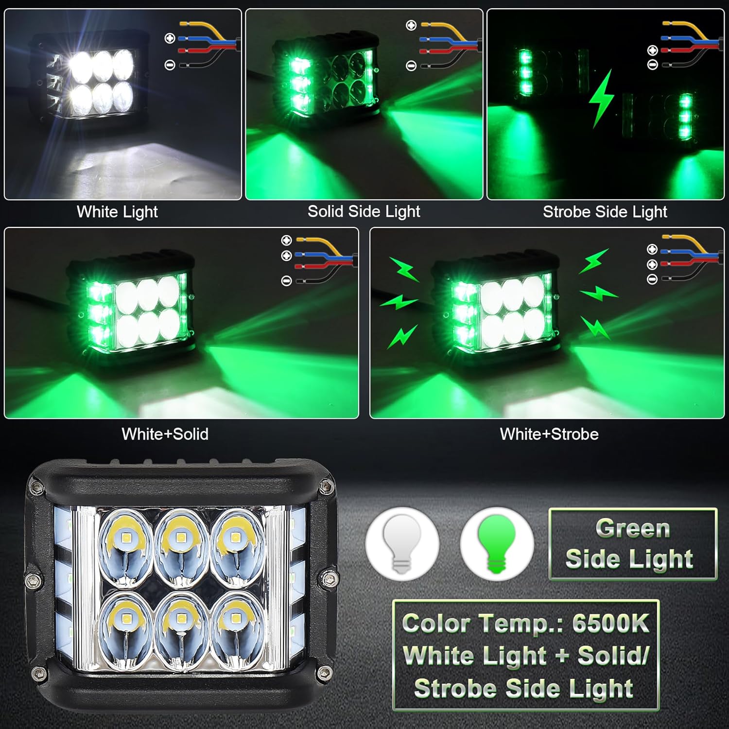 Dual Side Shooter LED Pod Lights, 4 inch LED Pods with Green DRL Solid & Strobe Off Road Driving Lights for Tractor, Plow Truck, ATV, UTV, SUV, 4x4, Boat, Motorcycle