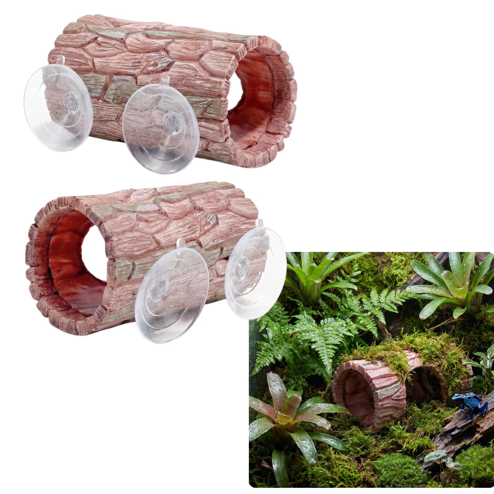 2 Pack Reptile Hide, Plastic Hollow Hideout with Powerful Suction Cup