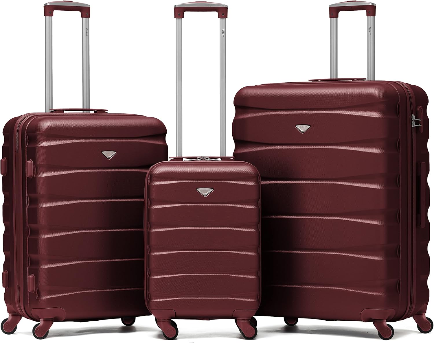 Flight Knight Confezione da 3 valigie premium Valigia da viaggio leggera extra resistente con 4 ruote e lucchetto integrato compatibile con oltre 100 compagnie aeree, Borgogna, set di valigie