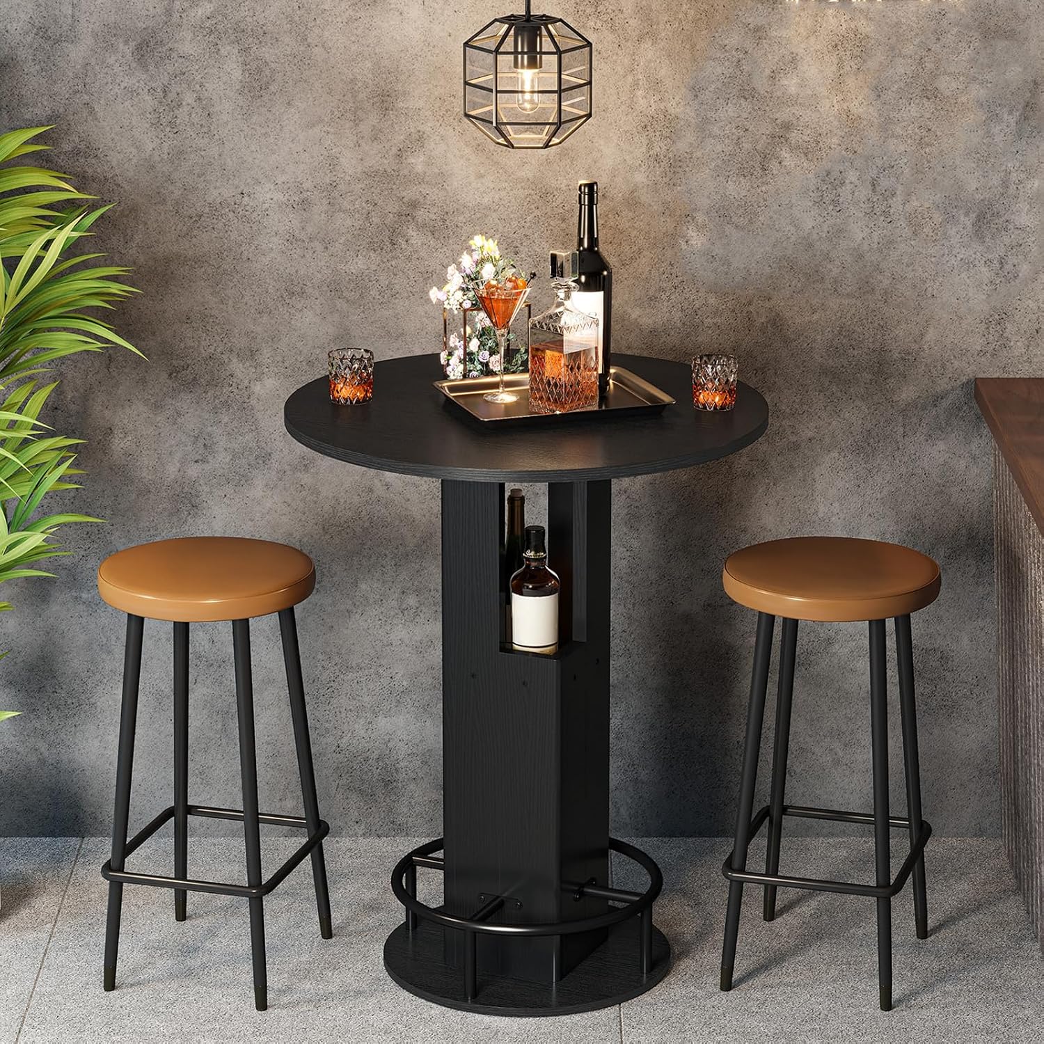 CHOEZON Round Bar Table, 27.6" Farmhouse Pub Table with Fence Style Base and Metal Foot Ring, Wood-Grain Tabletop Cocktail Table, for Small Spaces, Apartment, Cafe, Black MBT01BB