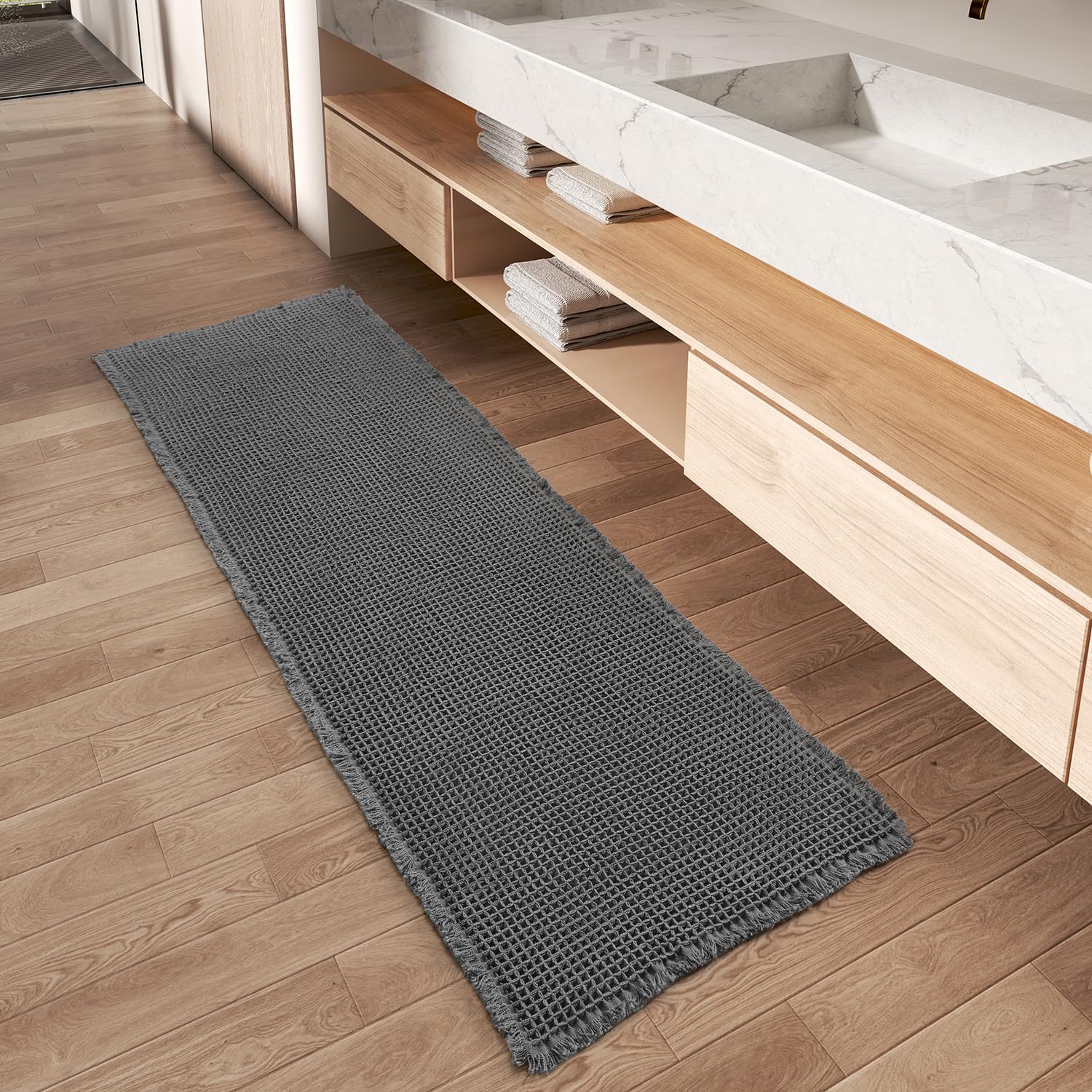 Rvolst Bath Mat Rug for Bathroom Waffle Woven Bathroom Mat Super Absorbent Machine Washable Non Slip Farmhouse Boho Bathroom Rug 61x183cm Dark Grey