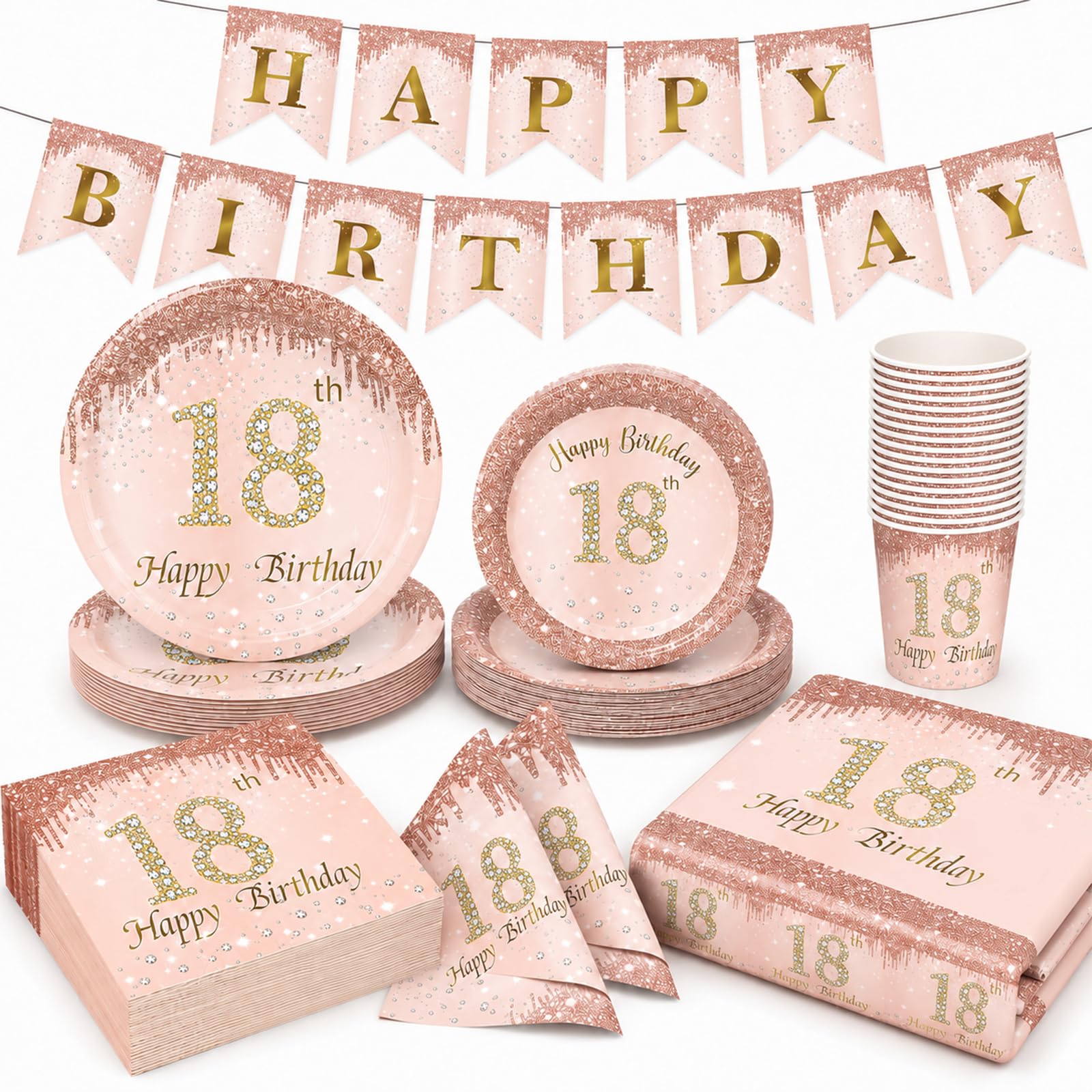 Yuaerbuo 98 PCS (24Set) 18th Birthday Plates and Napkins, 18th Birthday Table Cloth, Rose Gold Paper Plates Set, Pink Table Decorations for Girls, Party Plate Cups and Napkins, Tablecloth, Banner (18)