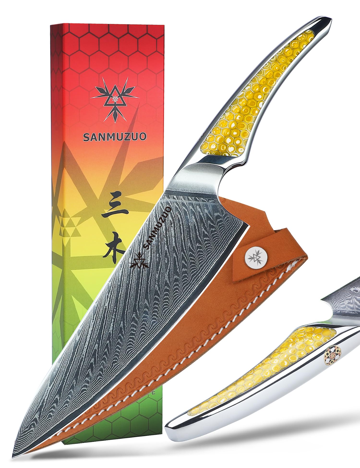 SANMUZUO 8 inch Chef Knife, Japanese VG-10 Damascus Steel Kitchen Knife, Ultra Sharp Cooking Knife with Full-tang Handle in Yellow Resin, LA-S9 Series