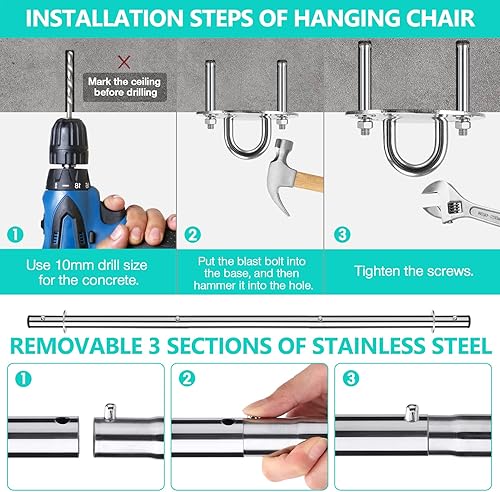 Miniatura 7 de Silla hamaca colgante con cuerda  Silla colgante para dormitorio, patio, interior, exterior, hamaca columpio de acero resistente con anillos