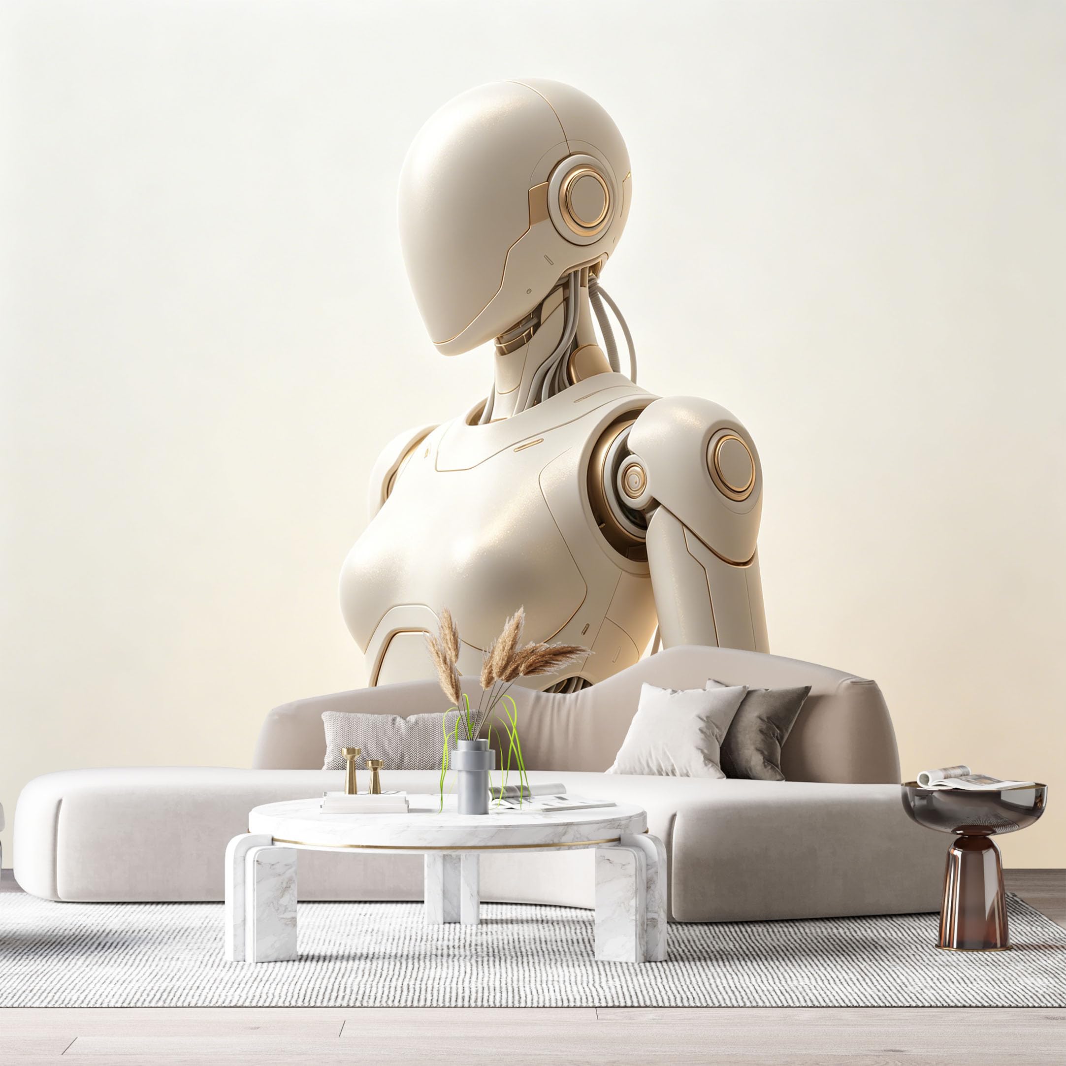 Custom Size Wall Mural Futuristic Humanoid Mech Metallic Robot Minimalist SciFi Design SelfAdhesive Art Prints Removable Large Wallpaper Esports Room Game Room Tenant Room Studio