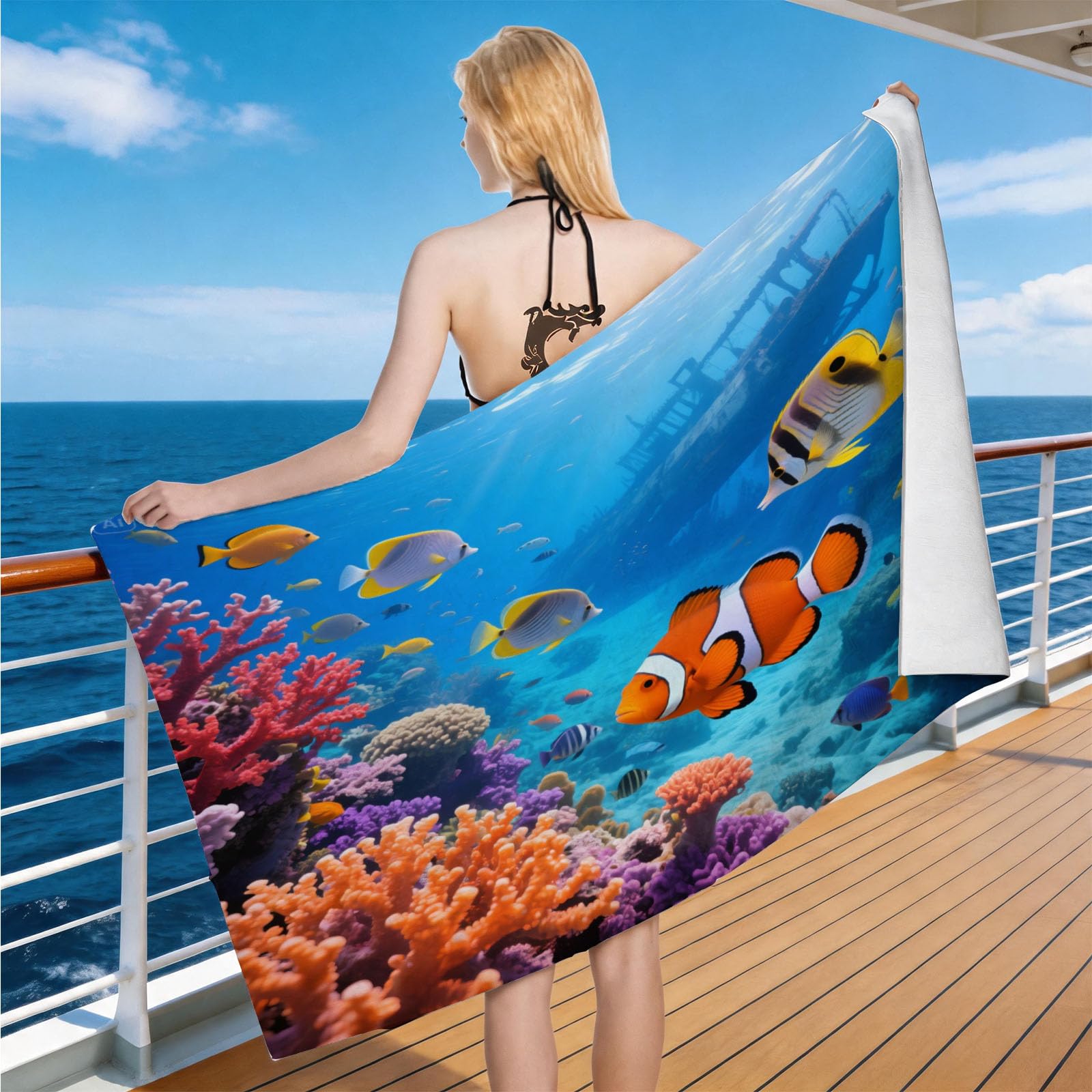 Hongduo Microfiber Quick Dry Beach Towel Underwater Coral Reef, 3D Marine Ecosystem Beach Towels Absorbent Fast Drying Bath Towels, Travel Camping Gym Swimming Bathroom (100x200cm)