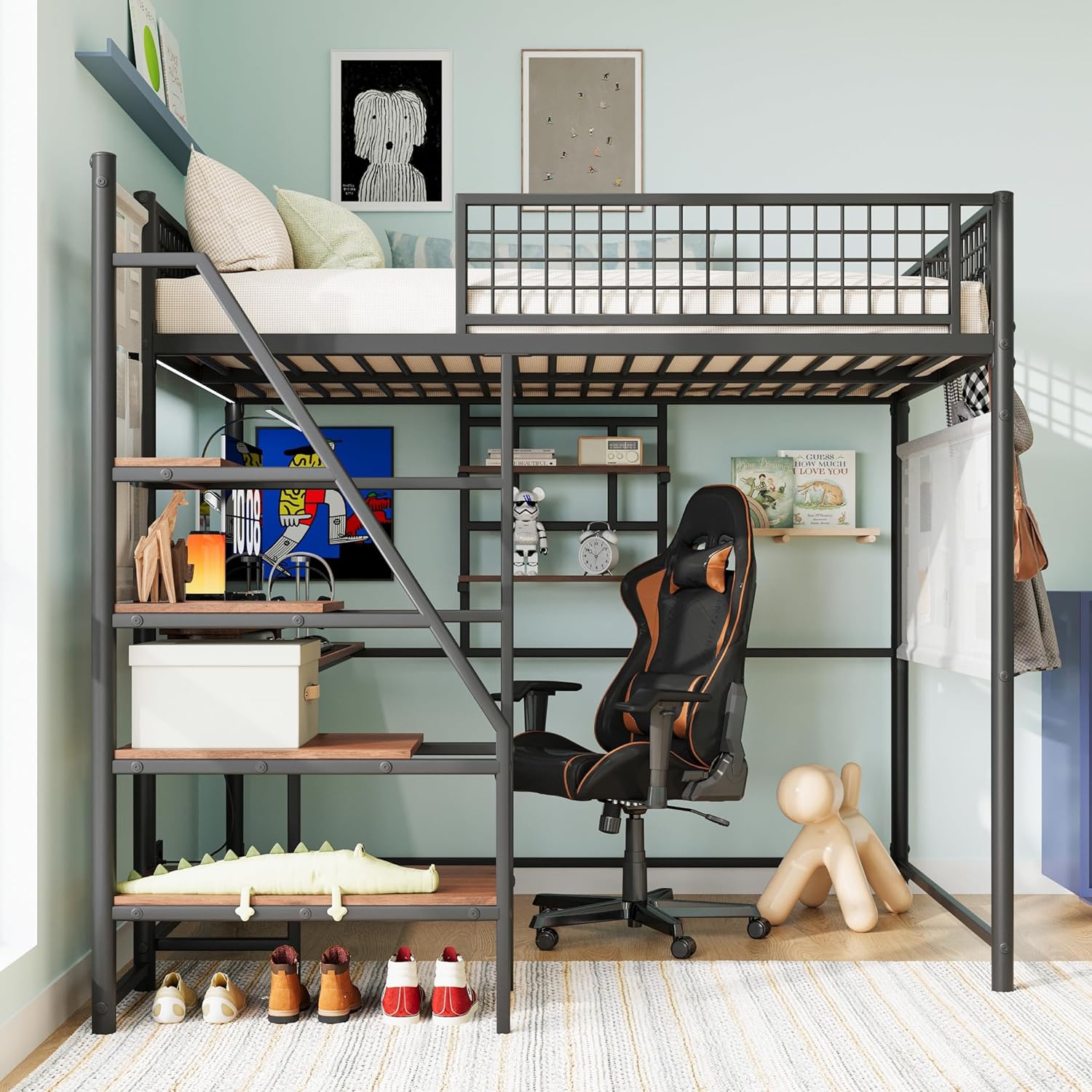 Full Size Metal Loft Bed with Stairs, Large Under-Bed Space, Built-in Charging Station, LED Lighting, for Bedroom, Dormitory, Black