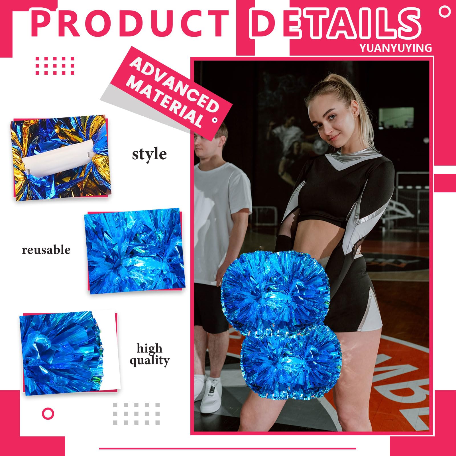 Pompony cheerleaderek z uchwytem, ręczne pompony drużynowe do drużyny sportowej, cheerleaderek, na imprezę taneczną, dla dorosłych, błękitne (jezioro)