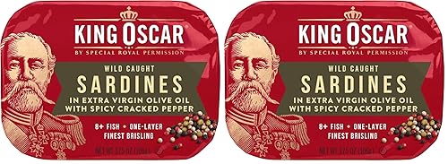 Miniatura 9 de King Oscar Sardinas prémium en aceite de oliva virgen extra con pimienta picante agrietada, latas de 3.75 onzas (paquete de 1), sardinas enlatadas