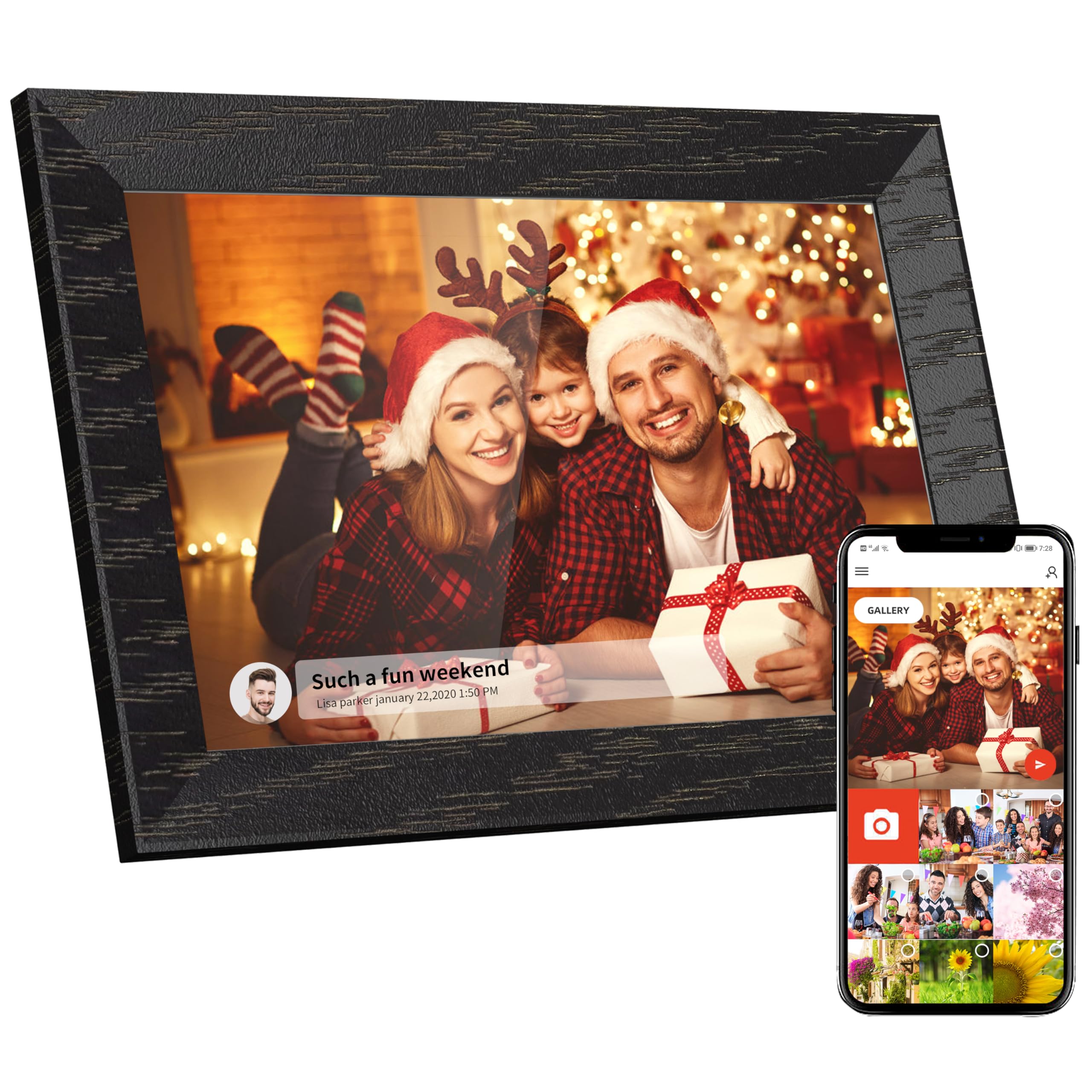Cadre Photo numérique Wi-FI de 10,1 ", écran Tactile IPS 1280 x 800, Noyer 16G, partagez des Photos ou des vidéos Via l'application Uhale app
