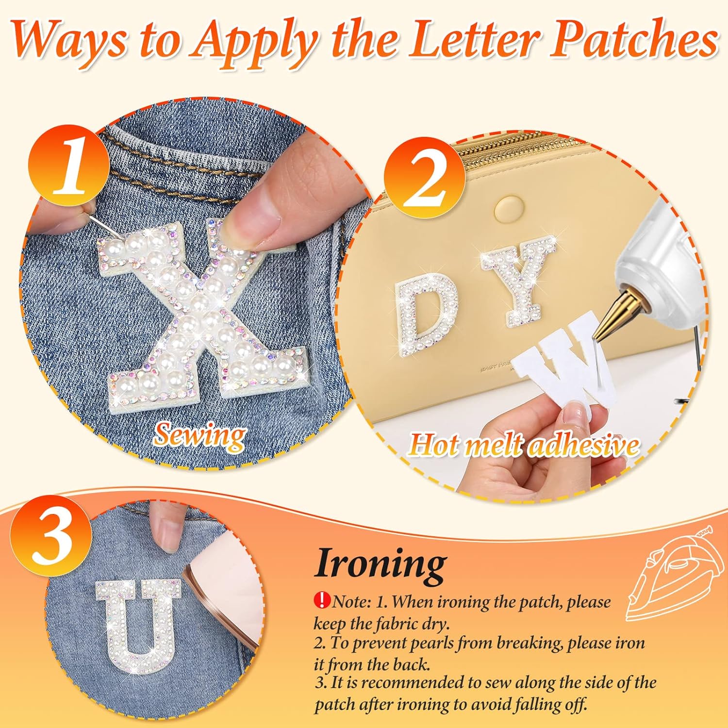 78 Pcs Iron on Letters with Pearl Rhinestone, 3 Sets of A-Z English Letter Patches Bling Delicate Decoration Cute Sew on Alphabet Applique for DIY Clothes Repair Hats Bags Shoes Pillows Crafts