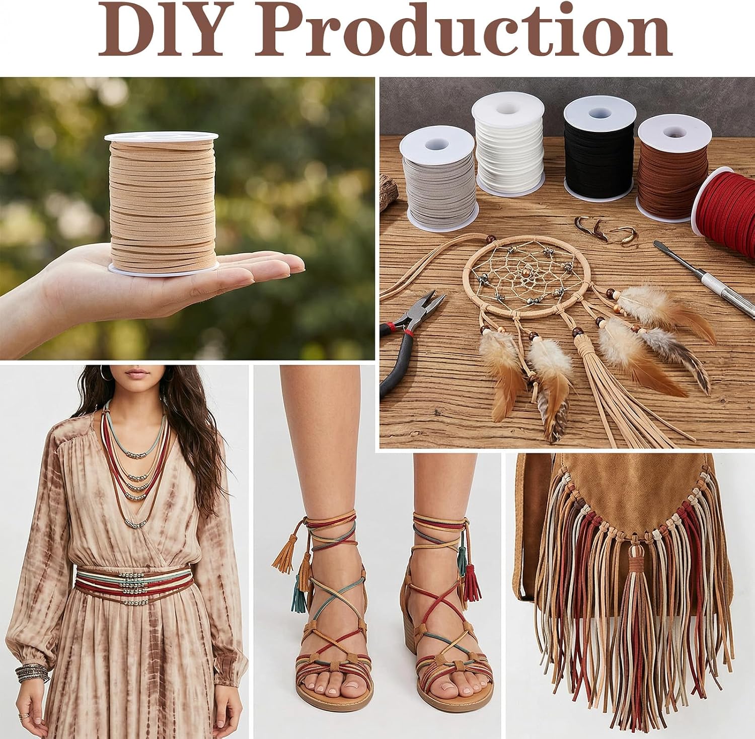 6 pcs Flat Leather Cord for Jewelry Making, Suede Leather String for Bracelets Necklaces, 50 Yards Each Roll, 2.7mm Wide Faux Leather Twine for Crafts, Shoe Laces, Macrame, Wrapping, Dream Catcher
