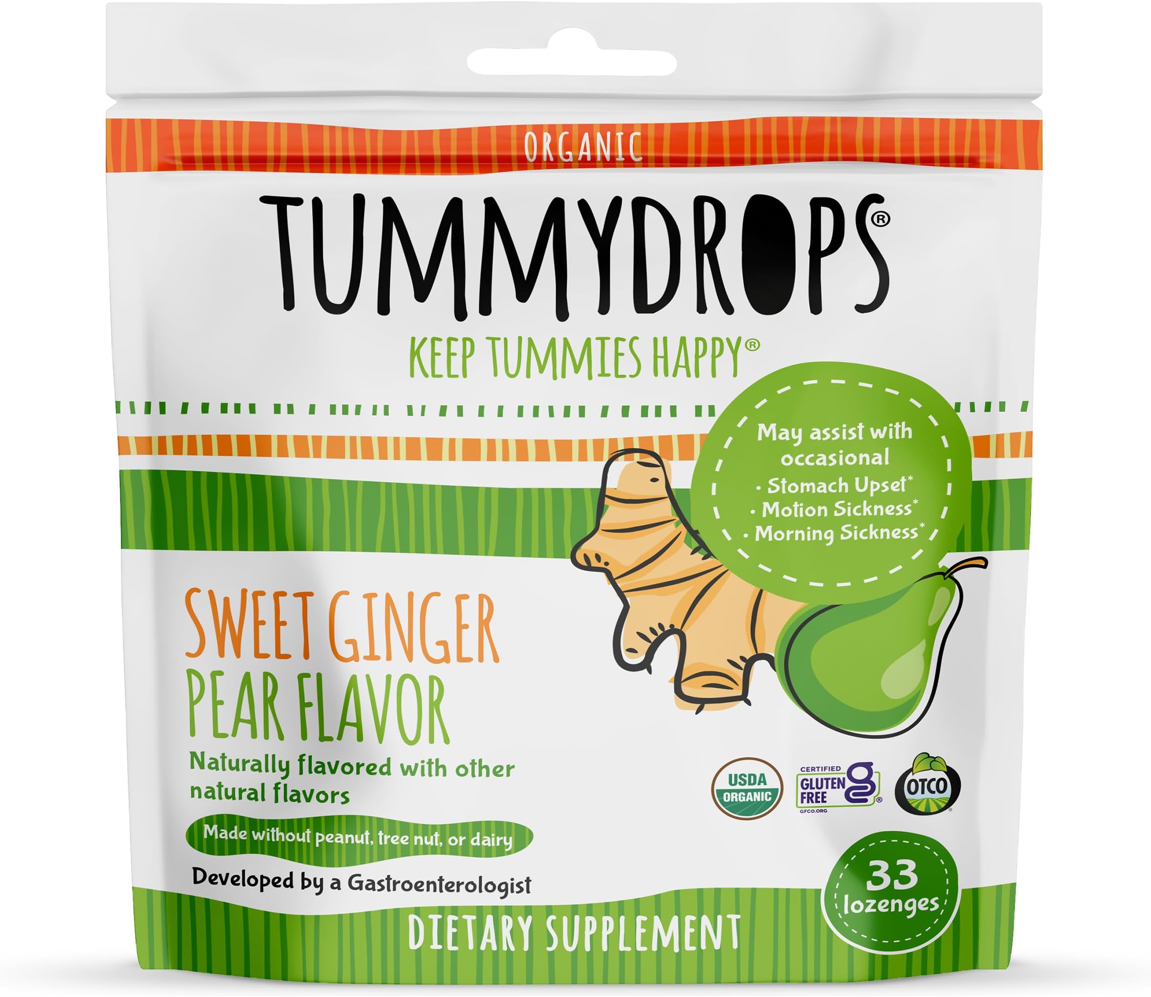 USDA Organic Sweet Ginger Pear Tummydrops, Gluten Free & Vegan. 33 Individually Wrapped Organic Ginger Lozenges in a Resealable Bag.