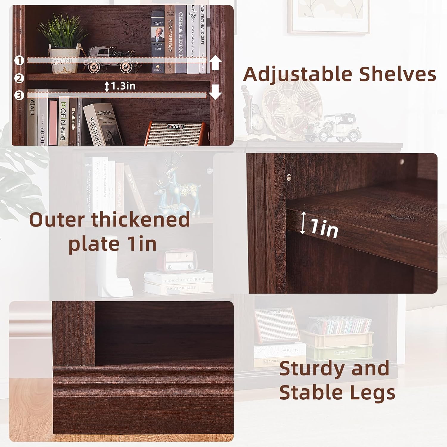 43" Walnut Tall Bookshelf,3-Tier Thick Wooden Book Shelf with Adjustable Shelves,Free Standing Farmhouse Bookcase with Open Display Storage,Floor Vintage Bookshelves for Living Room,Office - Image 5