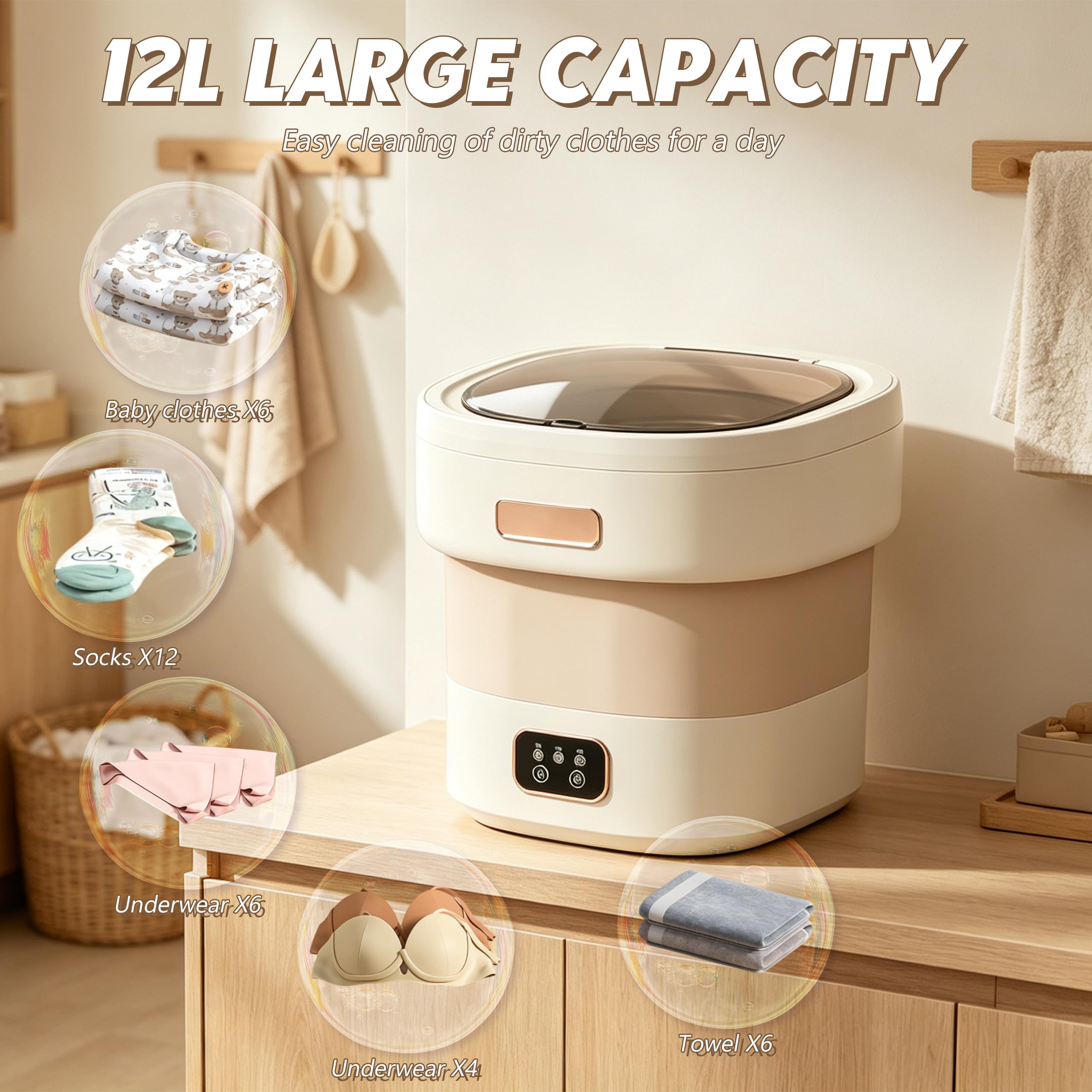 Mini lavatrice portatile da 12 l, con strizzatrice pieghevole, per vestiti del bambino, biancheria intima, campeggio, piccola lavatrice per campeggio, casa, appartamenti (beige)