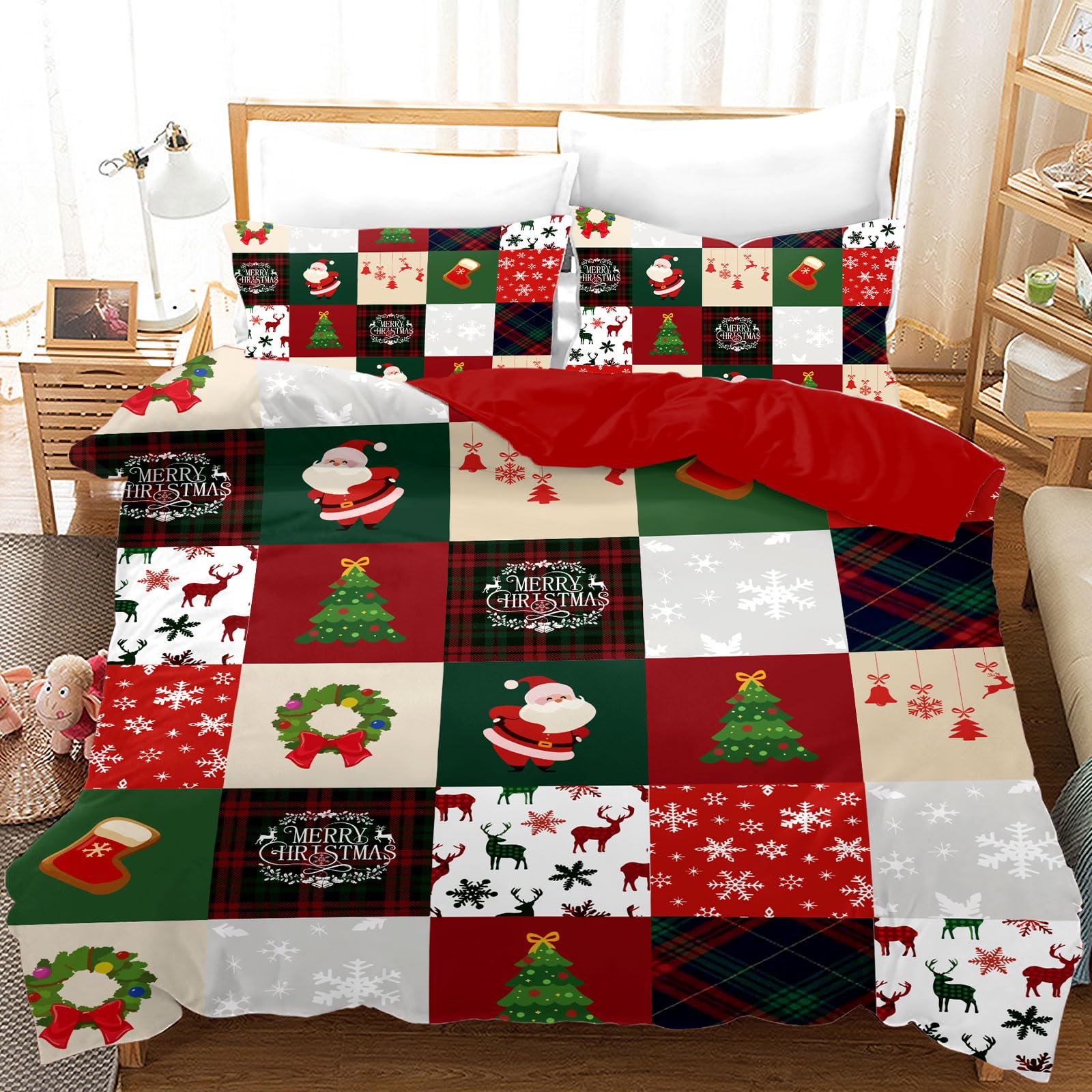 Copripiumino Natalizio Matrimoniale 200x200cm, set di biancheria da letto natalizia 3D con 2 federe, Babbo Natale, albero di Natale, cervo, regalo di Natala per bambini e adolescenti (F, 200x200cm)