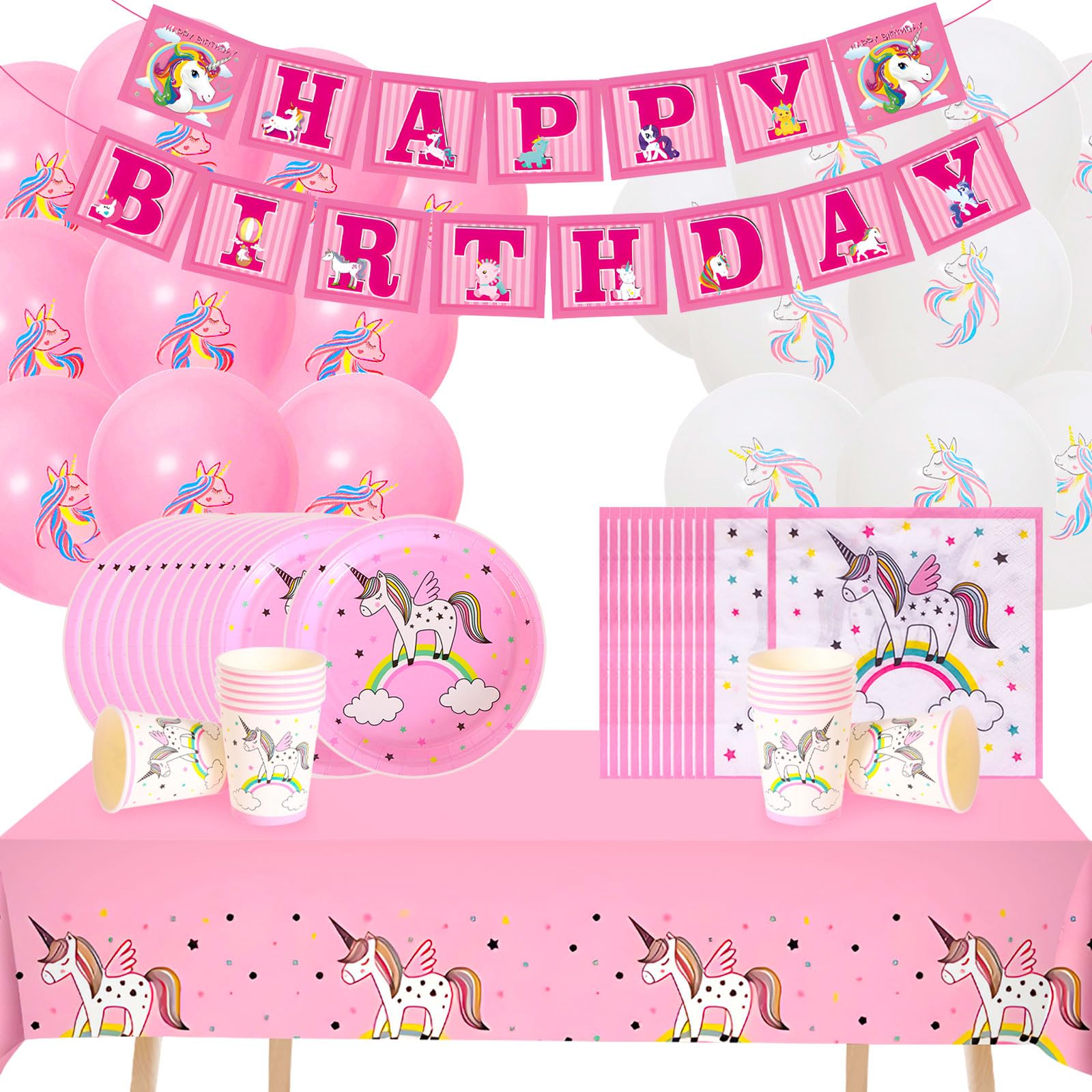 Joollurm 58Pcs Unicorn Party Supplies, Kids Unicorn Birthday Party Decorations Set, Included Plates, Tablecover, Banner, Cups, Napkins and Balloons Decorations for Girls
