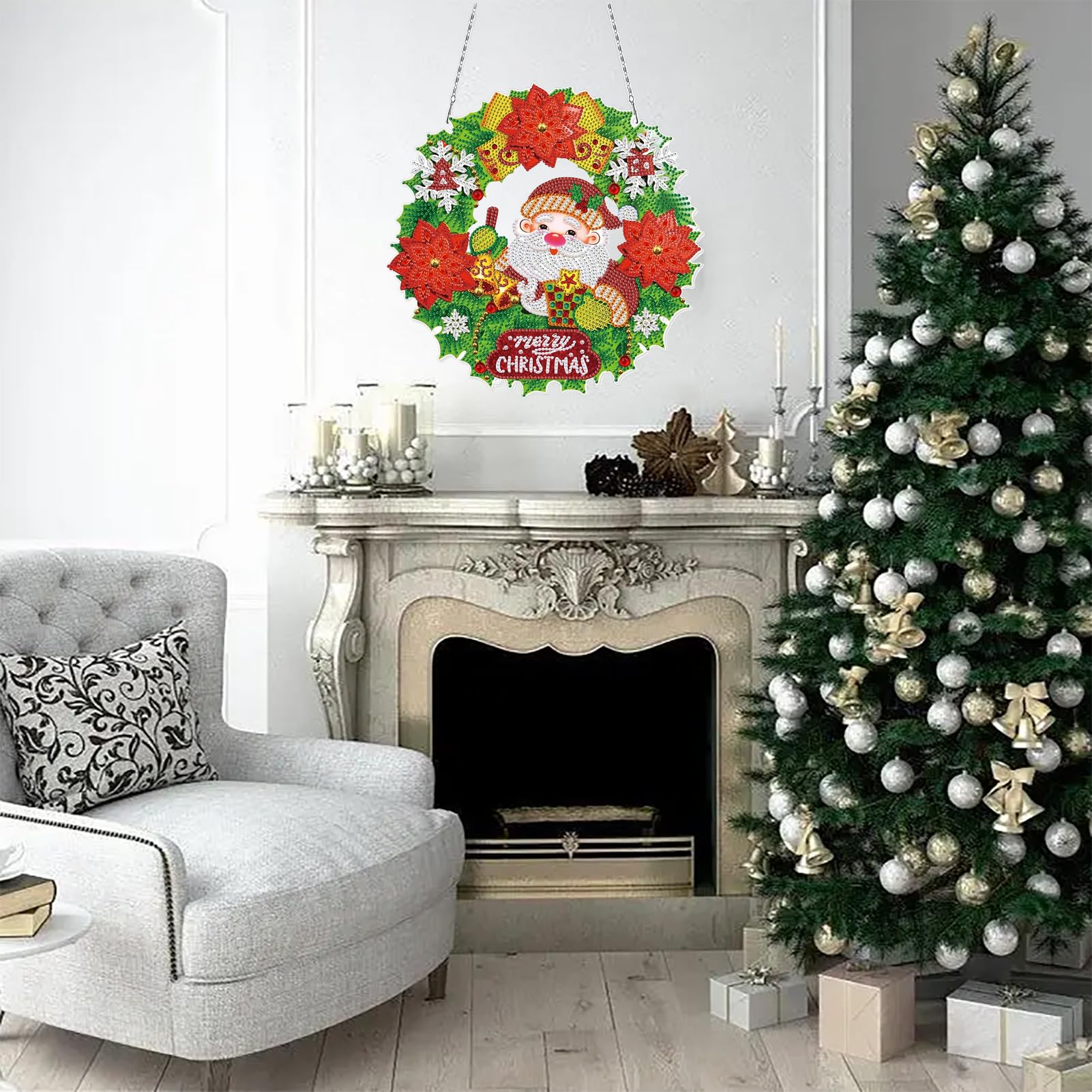 Everpertuk 5D DIY Diamond Painting, set di ghirlande natalizie con luce a LED, per pareti e ingressi, decorazione per pareti e ingressi, regalo (27,5 x 26,8 cm