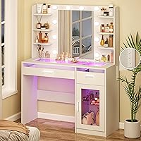HUAHUU White Makeup Vanity Desk with Lights, Transparent Tempered Top, Mirror, RGB Drawers, 6 Shelves, Power Outlet, Hollywood Bulbs