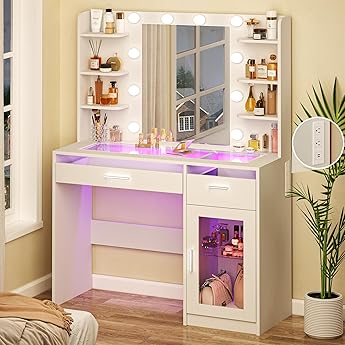 Vanity Desk with Mirror and Lights, Makeup Vanity with Storage Drawer, Power Outlet and Large Cabinet for Bedroom - White