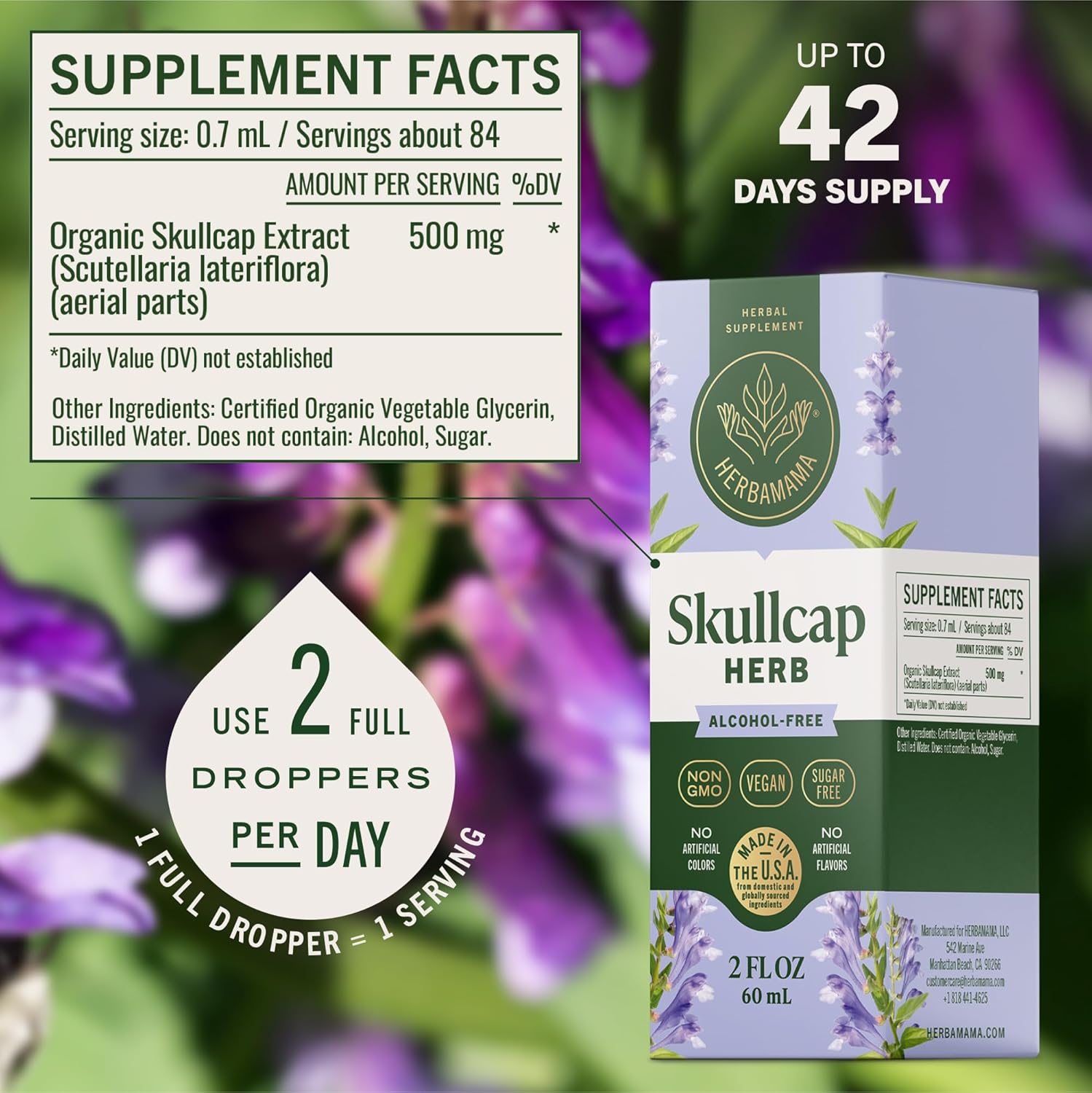 HERBAMAMA Skullcap Herb Tincture - Vegan Mood Support & Relaxation with Skullcap Extract Drops - Non-GMO, Alcohol & Sugar-Free Liquid Calming Supplement, 42-Day Supply - Image 3
