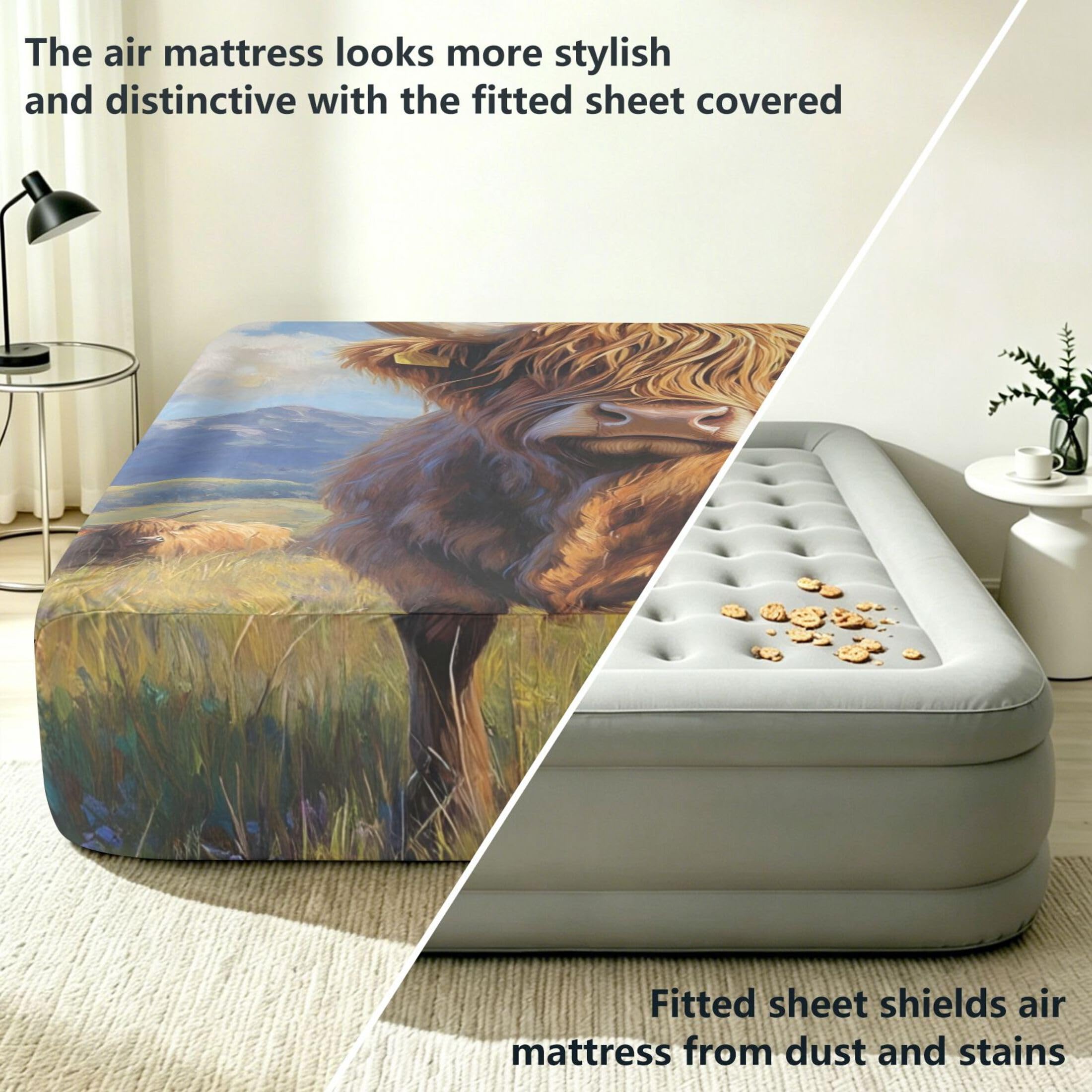 Highland Cow - Sábana bajera ajustable individual para colchón de aire, bolsillo extra profundo de 24 pulgadas, funda suave y transpirable con apertura de válvula de cremallera para cama de