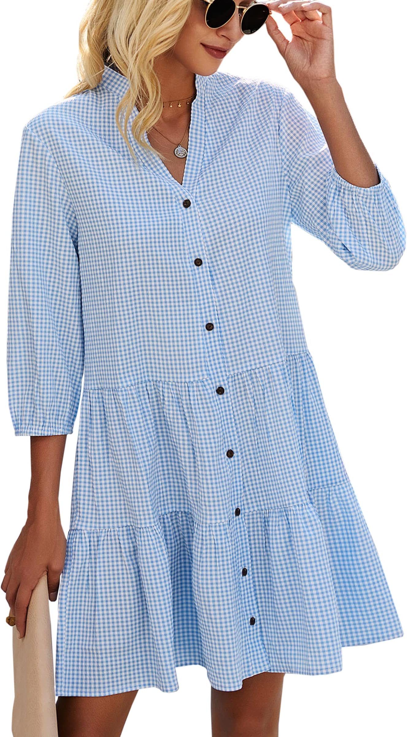 CCTOOWomen's Summer Dresses Casual V Neck Button Down 3/4 Sleeve Floral Print Loose Flowy Shirt Dress