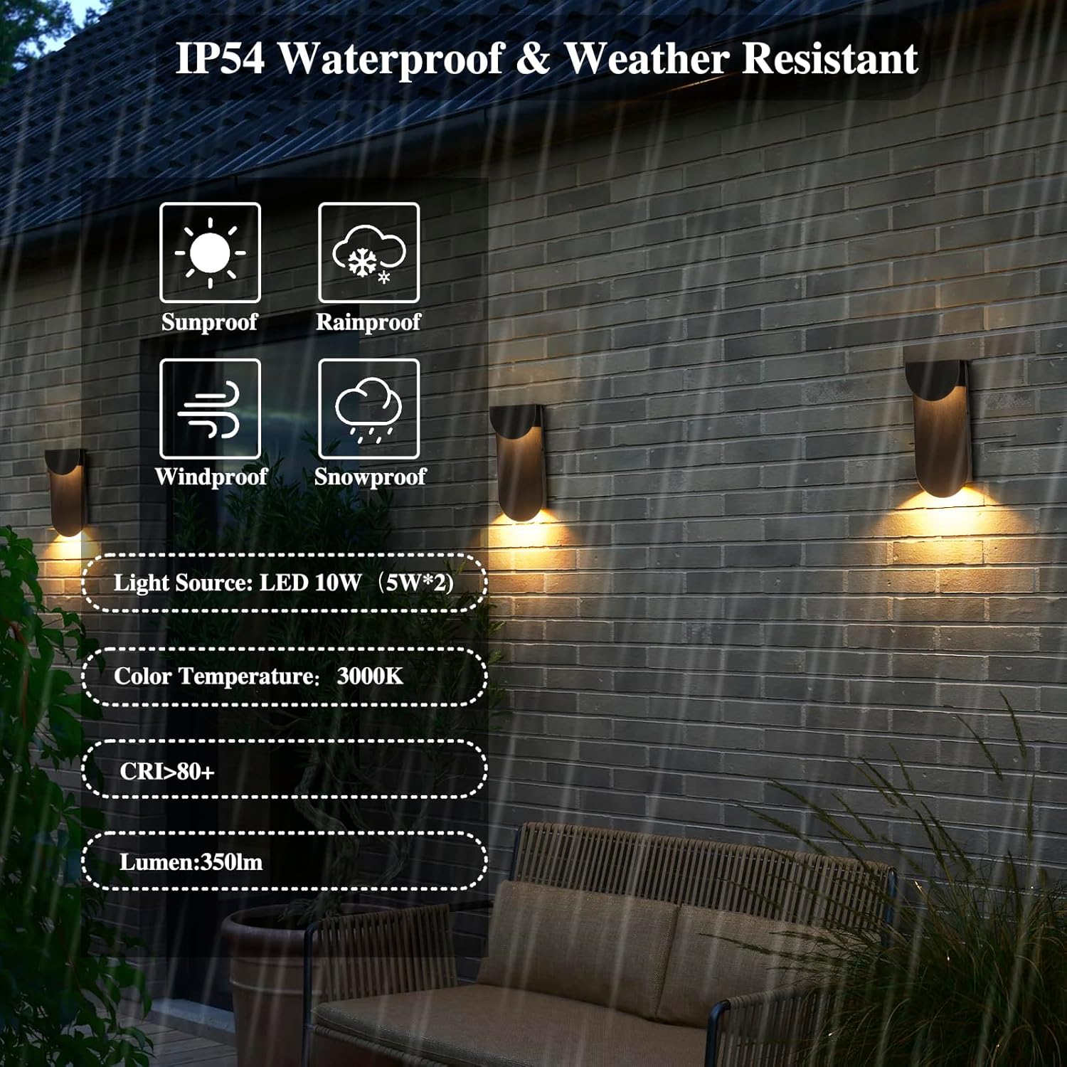 Modern Outdoor Wall Sconce Integrated LED Patio Wall Light Fixture, 2-Light Total 8W 3000K, Black Sweep Gold, Outdoor House Light Wall Mount for Garage Front Porch