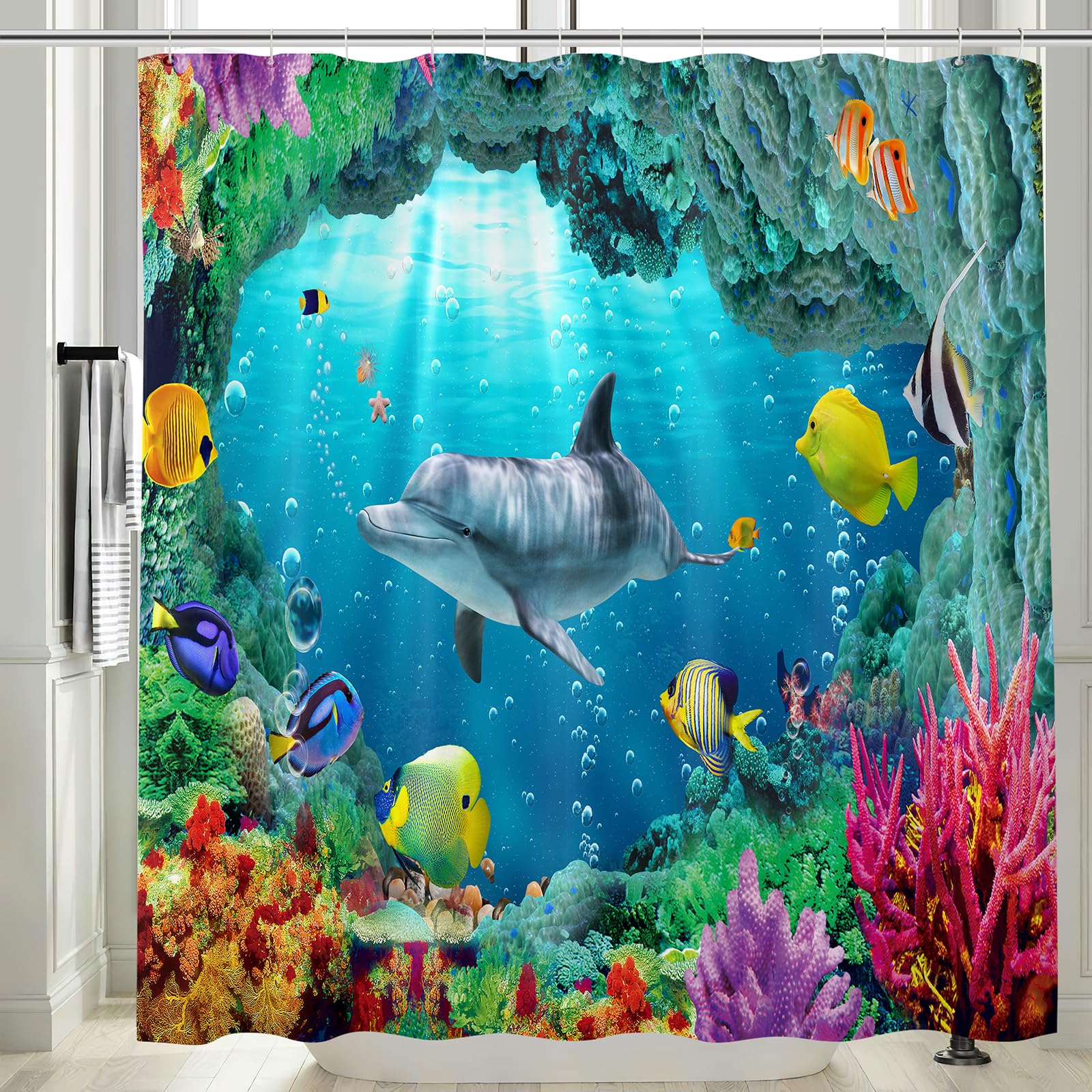 Vgzsyomqib Extra Long Shower Curtain Wet Room Bath 180x200cm Drop Waterproof Fabric Anti Mould Proof Resistant Ocean Underwater Fish Dolphin Bathroom Shower Curtains with Hooks, Colourful
