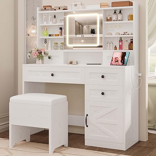 IRONCK Vanity Desk with LED Lighted Mirror, Large Storage Makeup Vanity Table with 5 Drawers, Cabinet, 7 Open Shelves, Power Outlet, Storage Stool, Bedroom, White