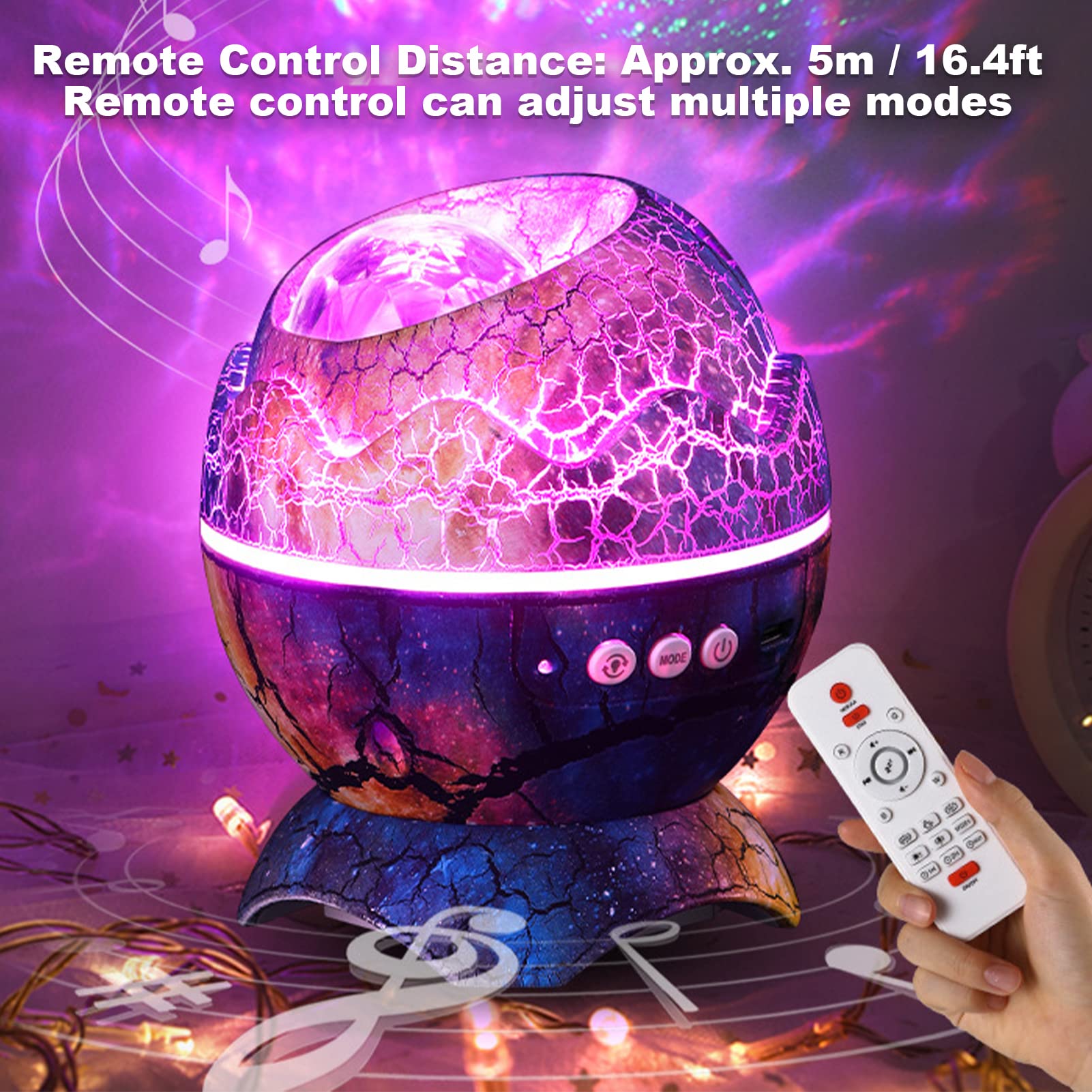 Proyector Galaxy Star, Ángulo Ajustable, Ruido Blanco, Luz Nocturna de Huevo de Dinosaurio con 2 Funciones de Sincronización, 3 Métodos de Control, Altavoz BT, (Batería No Incluida)
