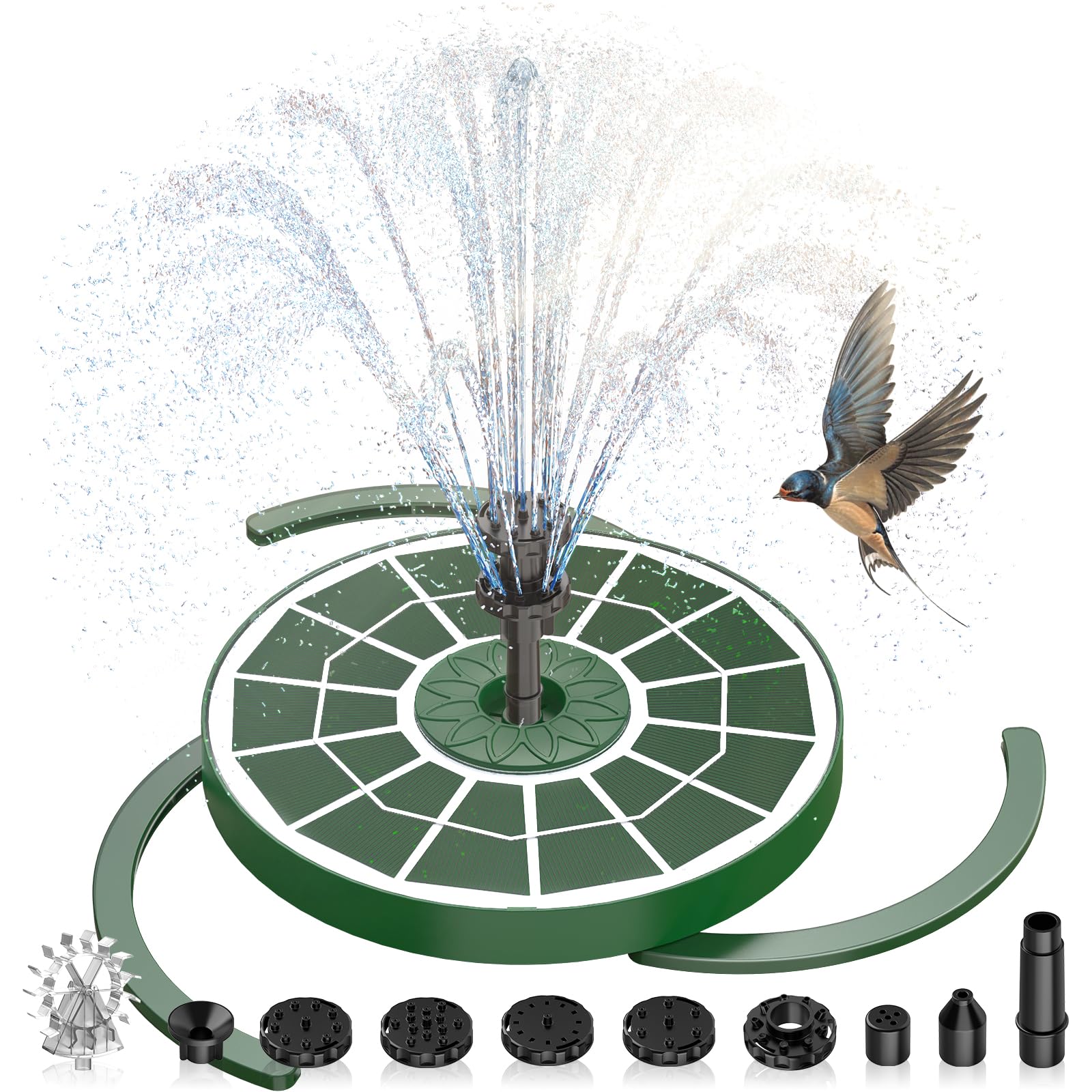 AISITIN Fuente Solar Jardin Exterior, Fuente Jardin con Múltiples Boquillas y Soportes Fijos, Bomba de Agua Solar con Panel de Cristal Verde Oscuro para Estanque, Piscina,Baño de Pájaros