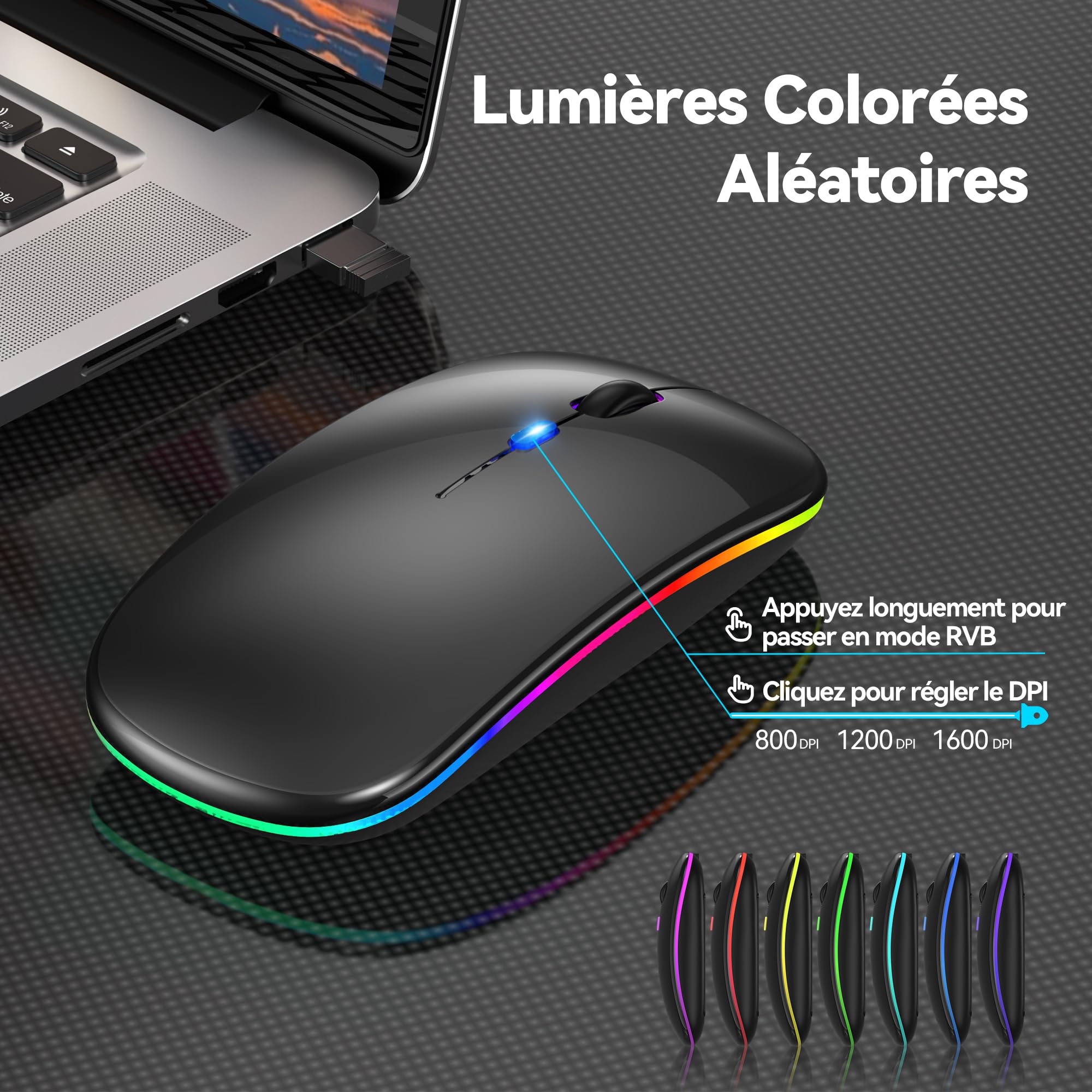 TECKNET Souris sans Fil Bluetooth 5.1, Rechargeable Souris avec Récepteur USB 2,4 GHz, 1600 DPI, Rétroéclairée de 7 Couleurs, Silencieuse, Portable, pour PC/Laptop/Mac, Noir