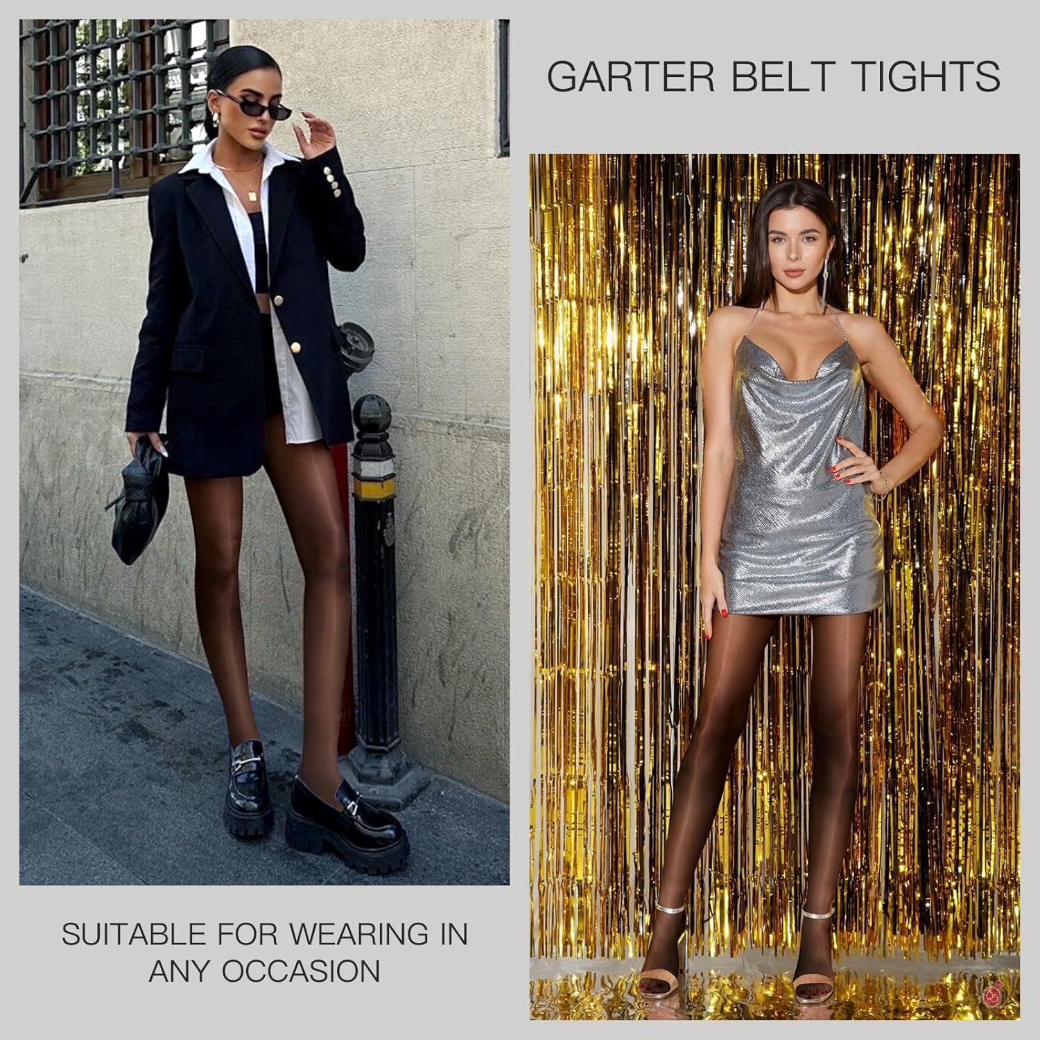 Yilanmy Shiny Suspender Pantyhose for Women Black Garter Belt Tights 20D Sheer Shimmer Thigh High Stockings 2 Pairs - Image 6