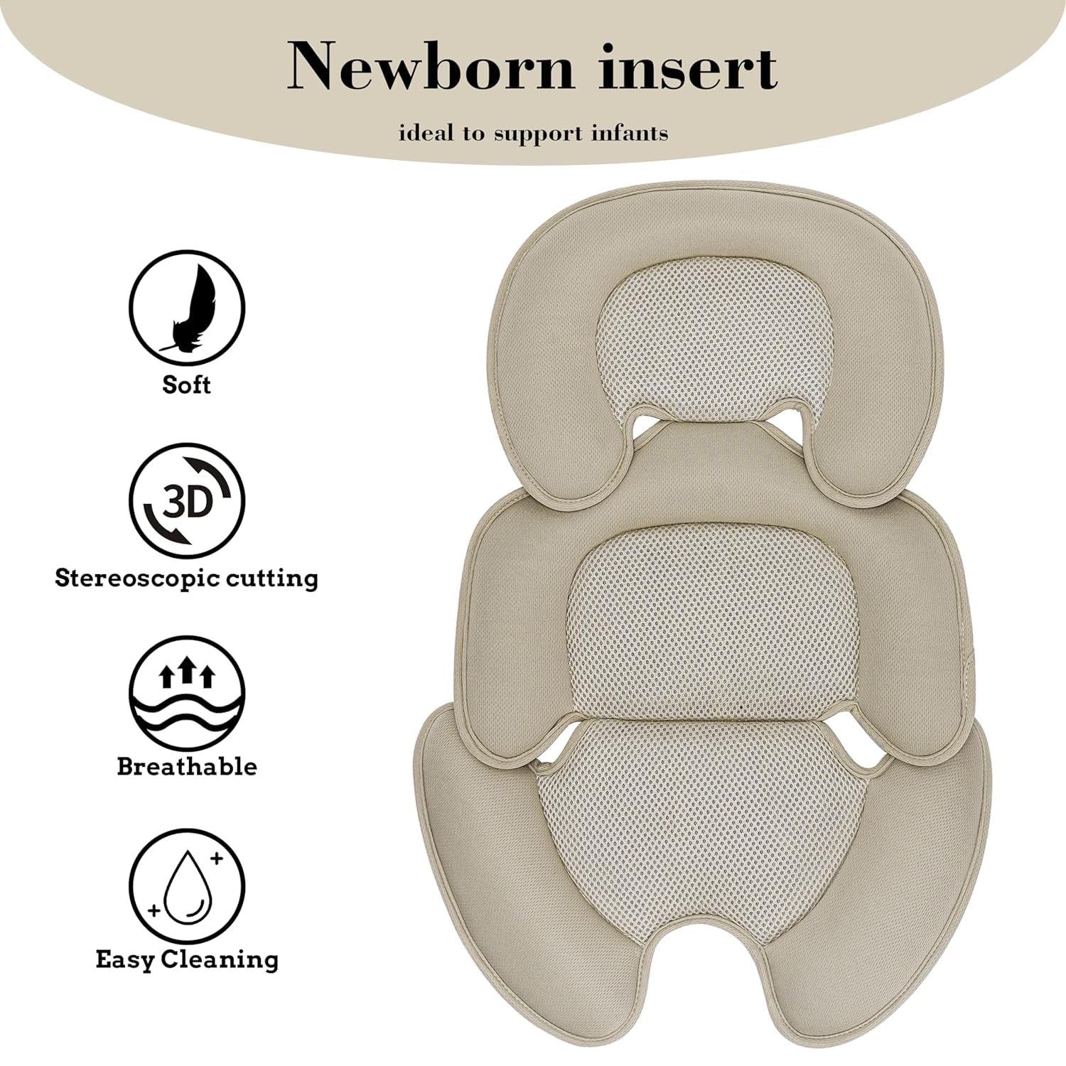 Neugeborenes Baby-Kissen mit 3D-Netzstoff für Stroller, Autositz und Hochstuhl - Atmungsaktive Einlage zur Unterstützung des Babys (Beige)