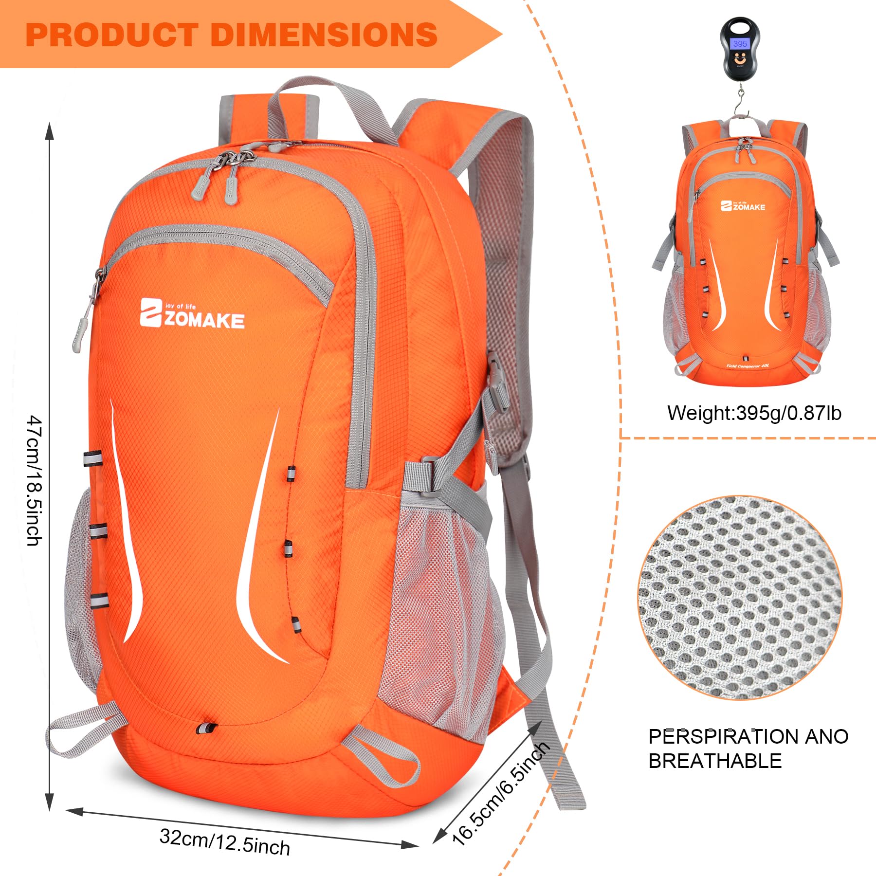 ZOMAKE Grand sac à dos léger unisexe 35 l (1 pièce), Orange, L, Sac à dos daypack